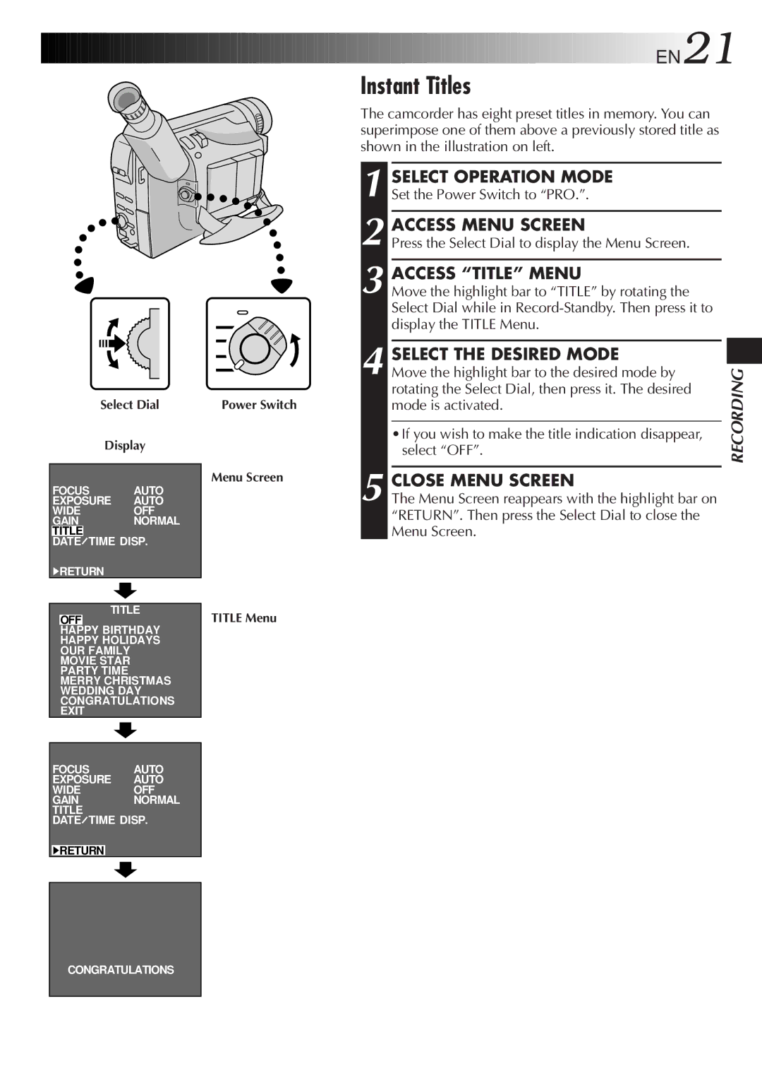 JVC GR-SX20 manual Instant Titles, Access Title Menu, Select the Desired Mode 