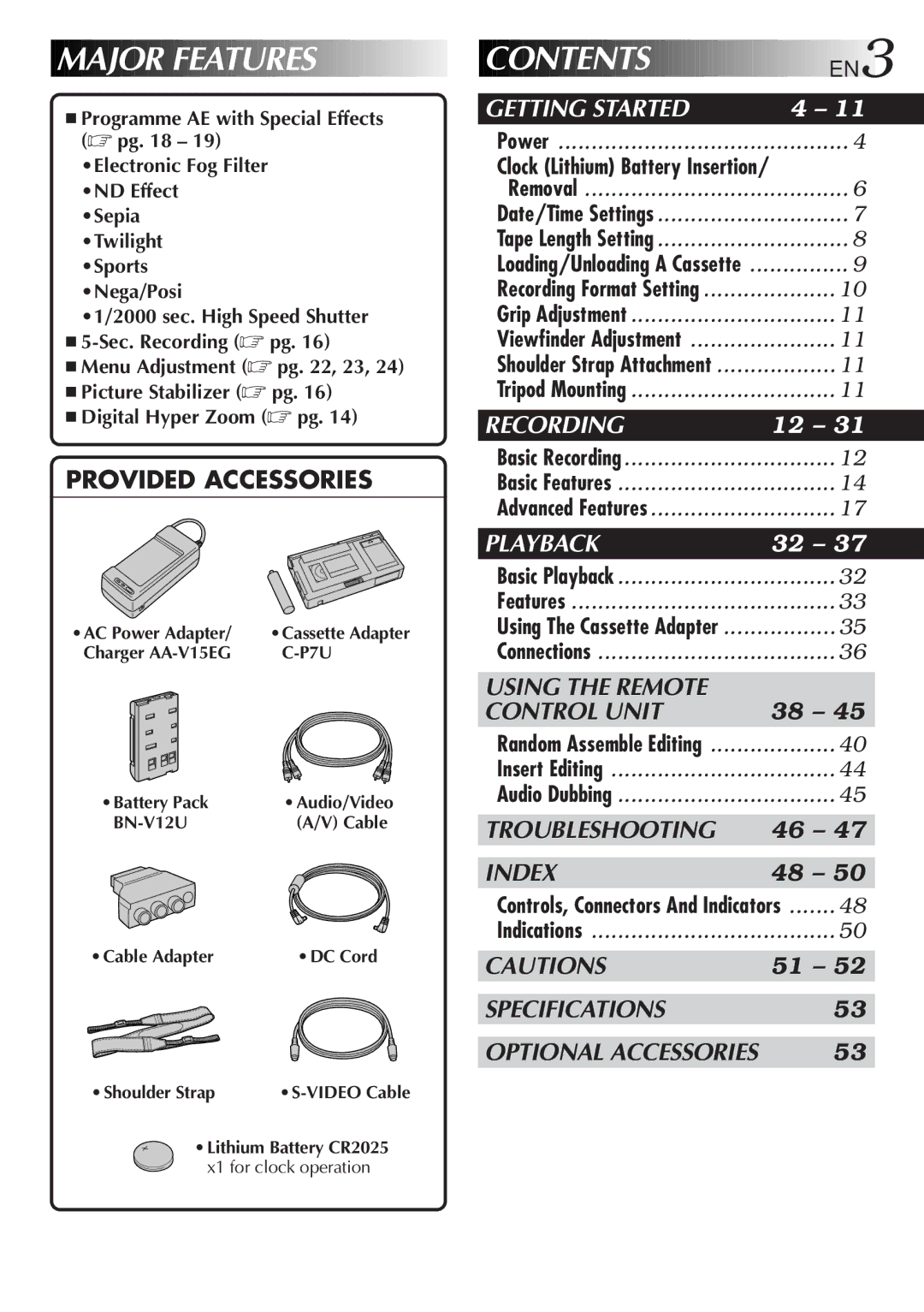 JVC GR-SX20 manual Contents 