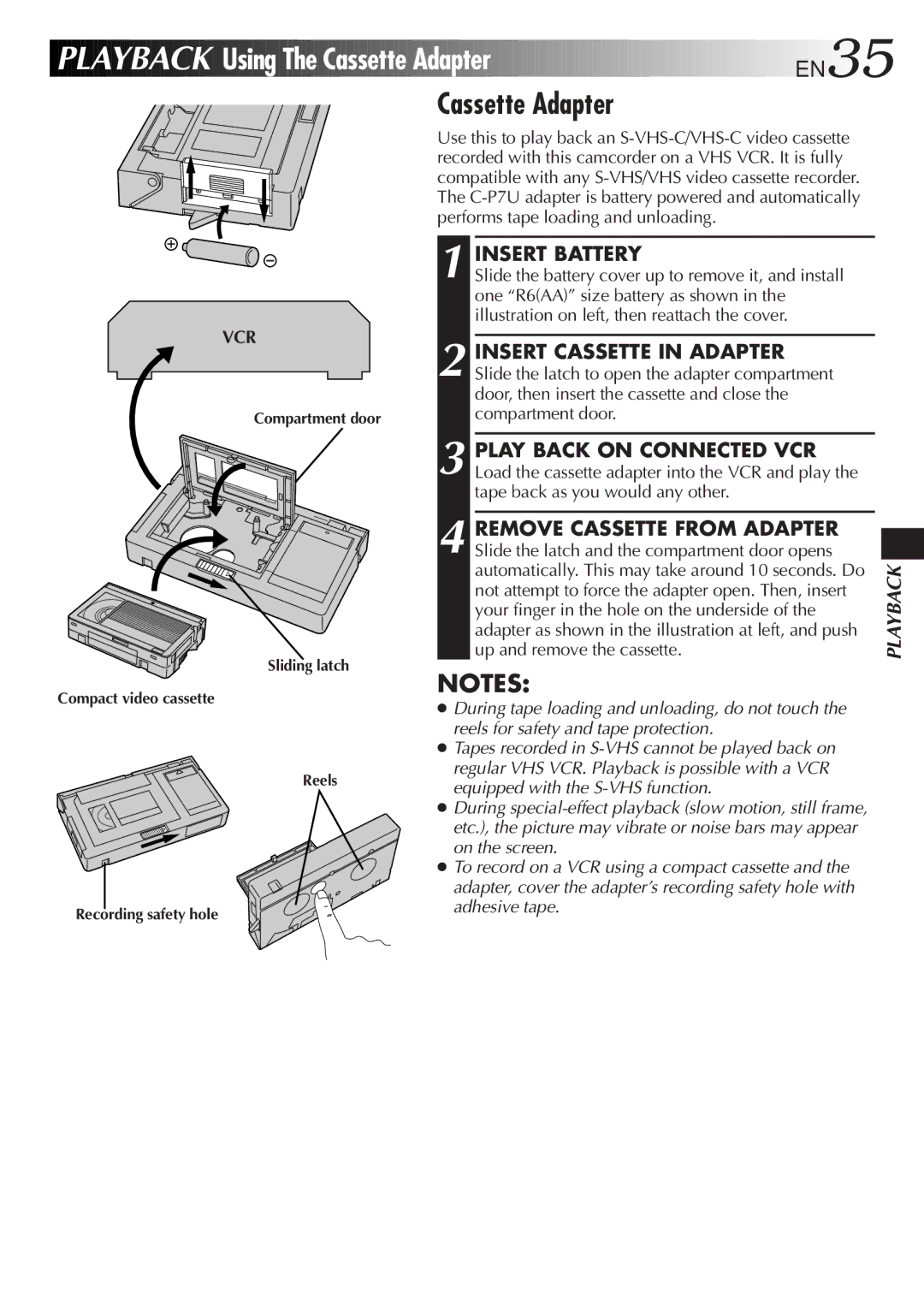 JVC GR-SX20 manual Using The Cassette Adapter EN35, Insert Battery 