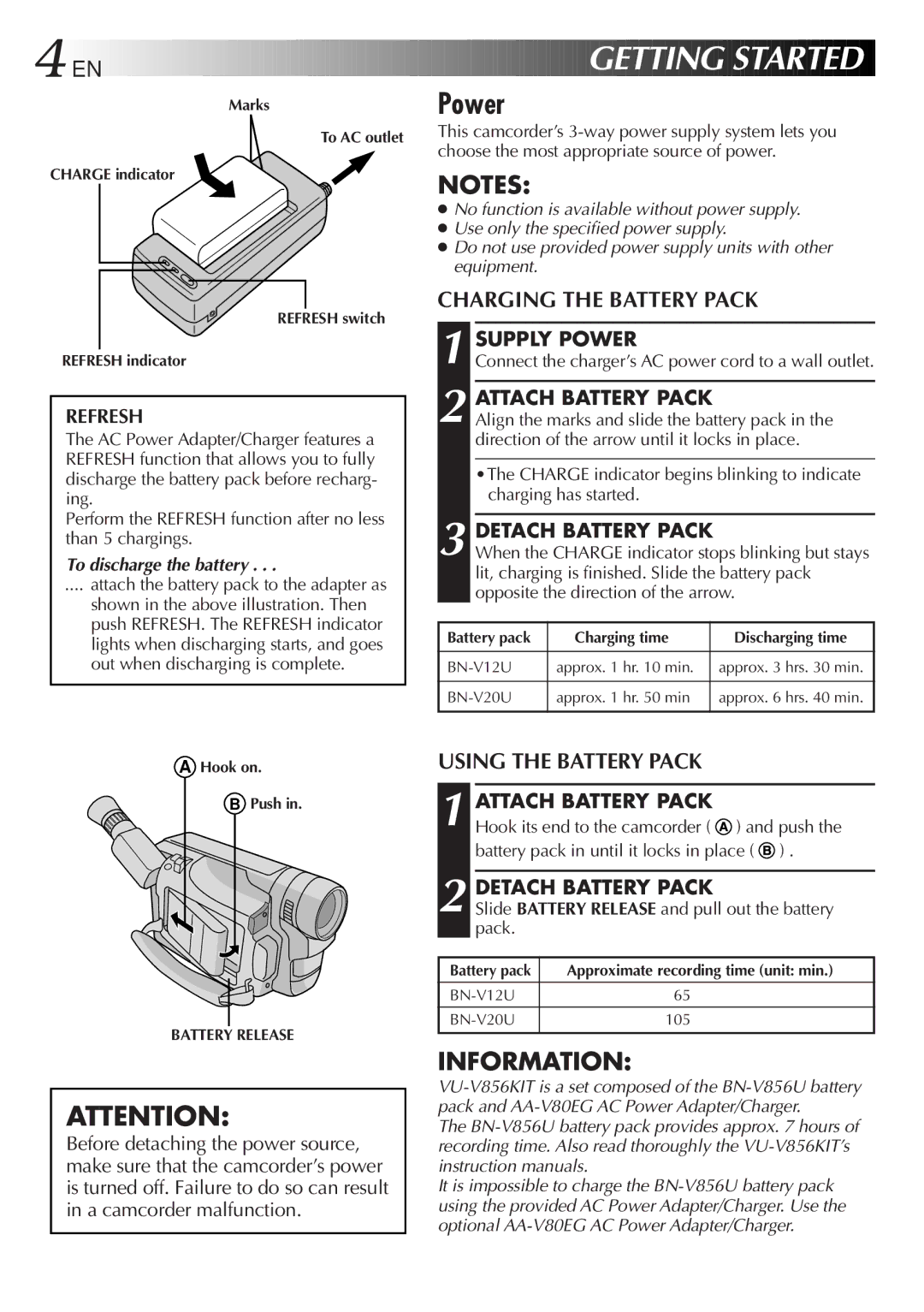 JVC GR-SX20 manual Power, Charging the Battery Pack, Using the Battery Pack 