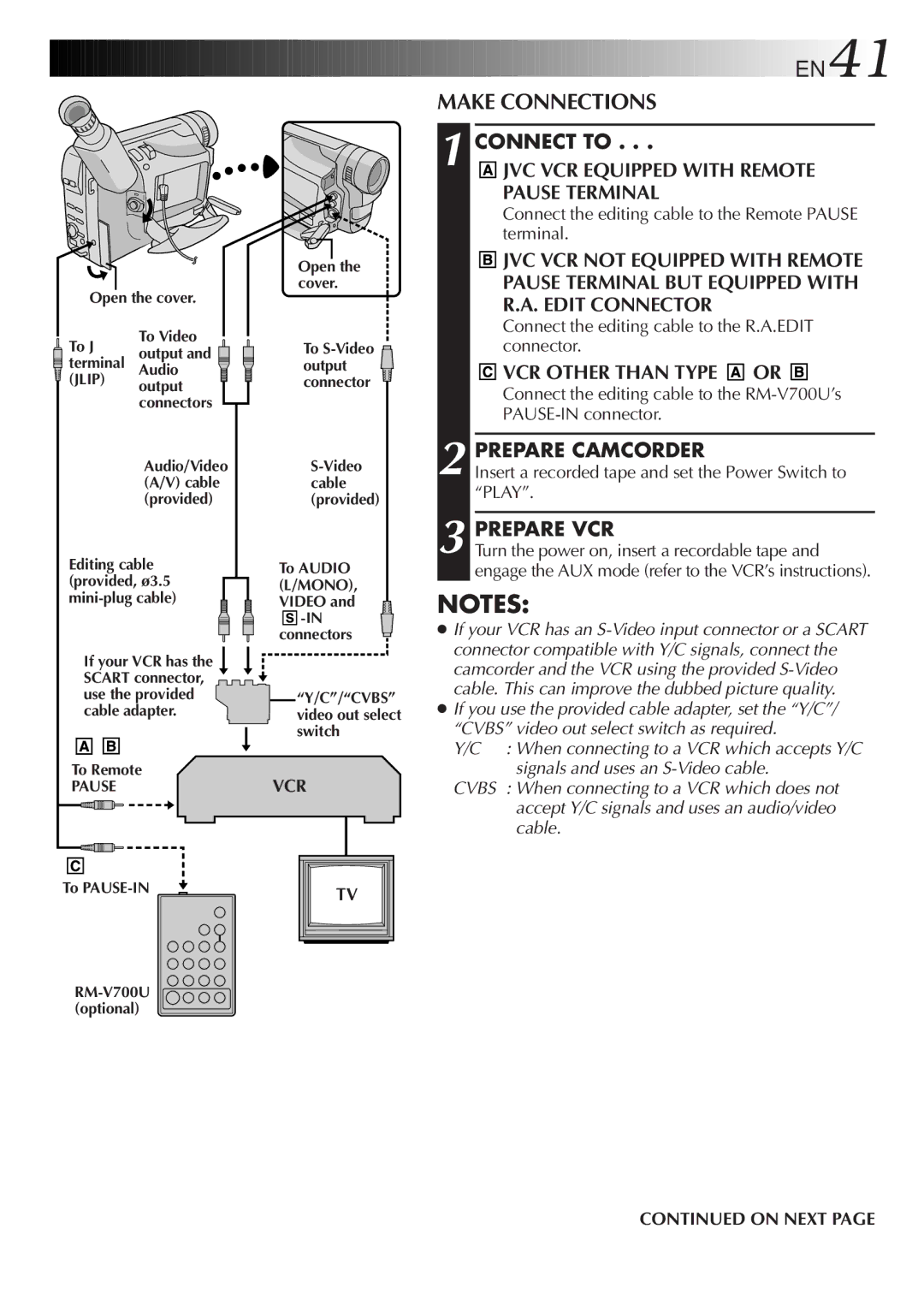 JVC GR-SX20 manual Make Connections, JVC VCR Equipped with Remote Pause Terminal, VCR Other than Type or, Prepare Camcorder 