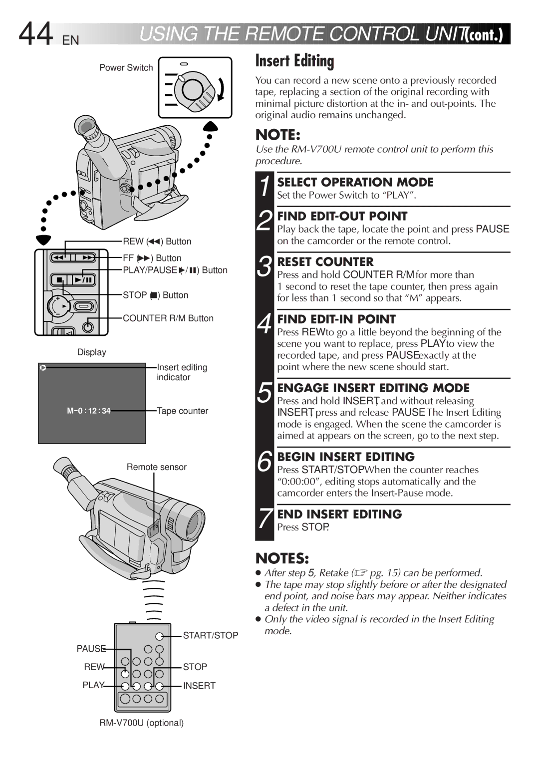 JVC GR-SX20 manual 44 EN, Insert Editing 