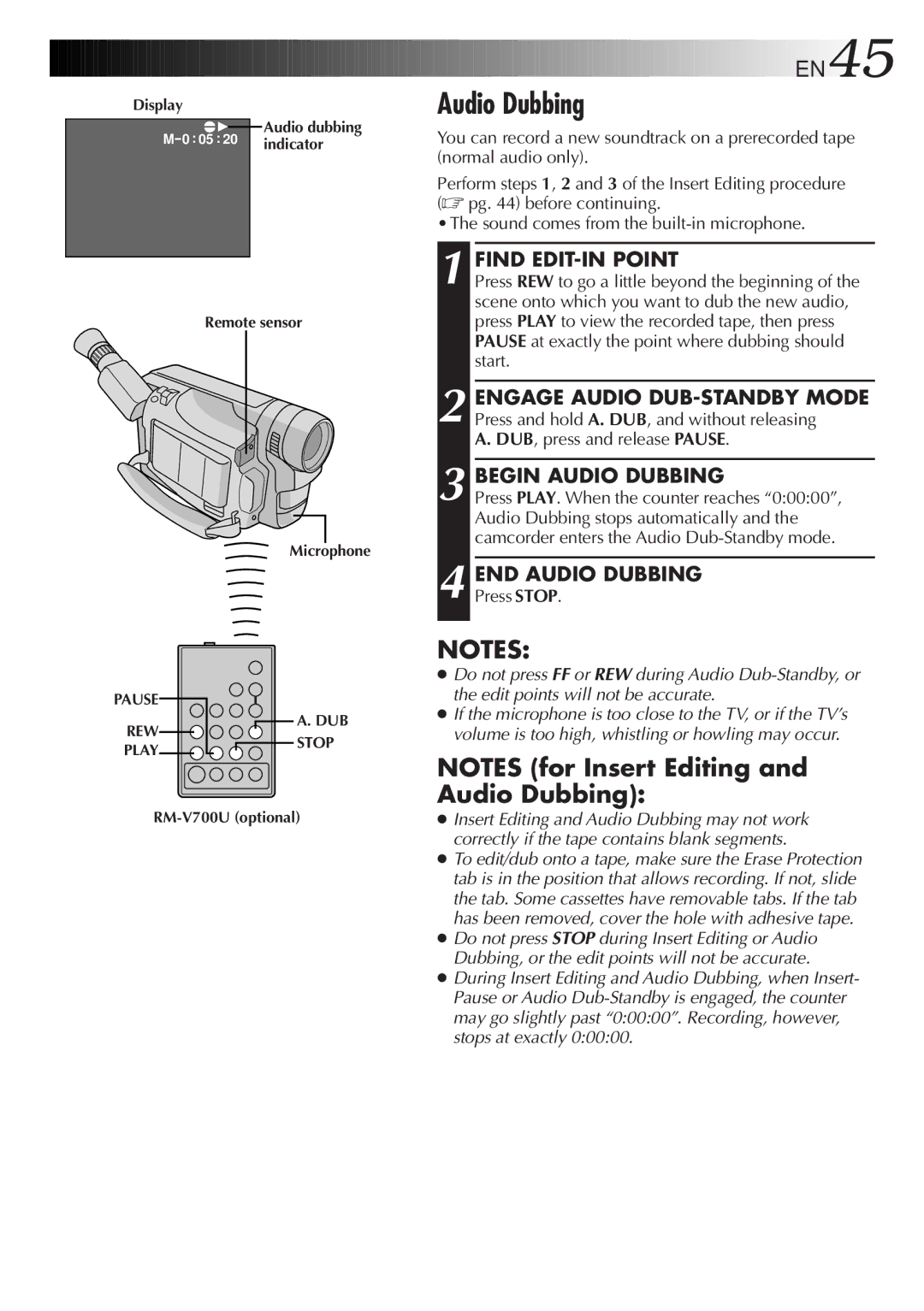 JVC GR-SX20 manual Begin Audio Dubbing, END Audio Dubbing 