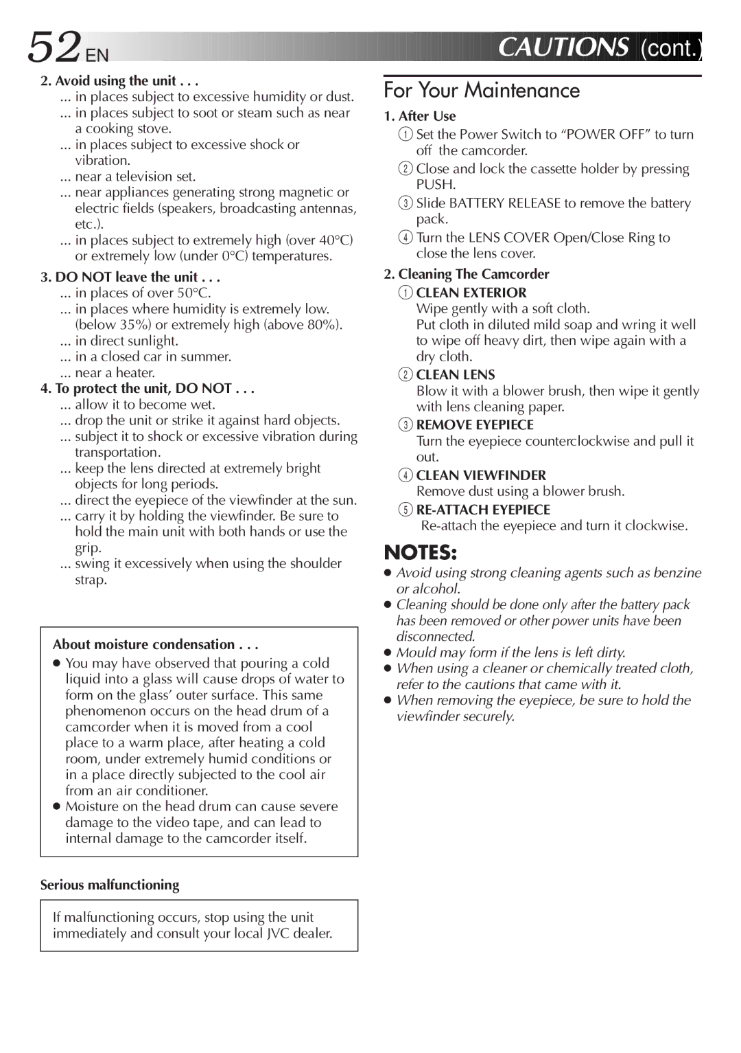 JVC GR-SX20 manual Avoid using the unit, Do not leave the unit, To protect the unit, do not, About moisture condensation 