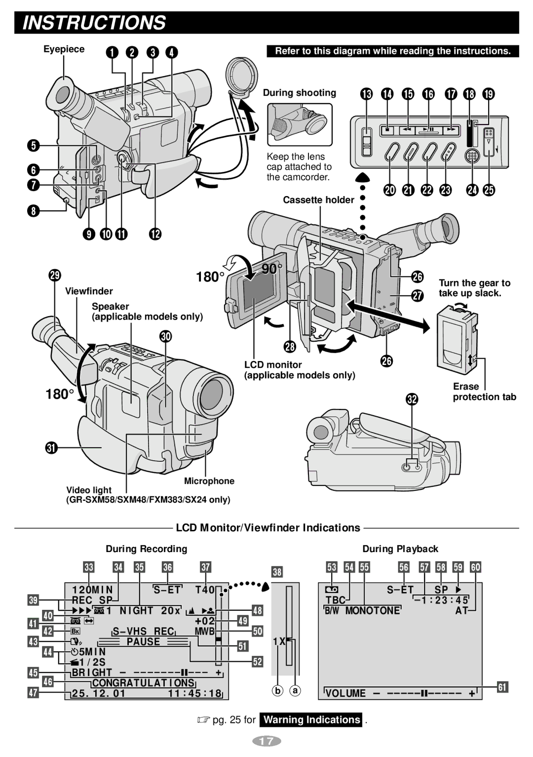 JVC GR-FX14, GR-SX24, GR-SXM58, GR-SXM48, GR-FXM383 manual Instructions 