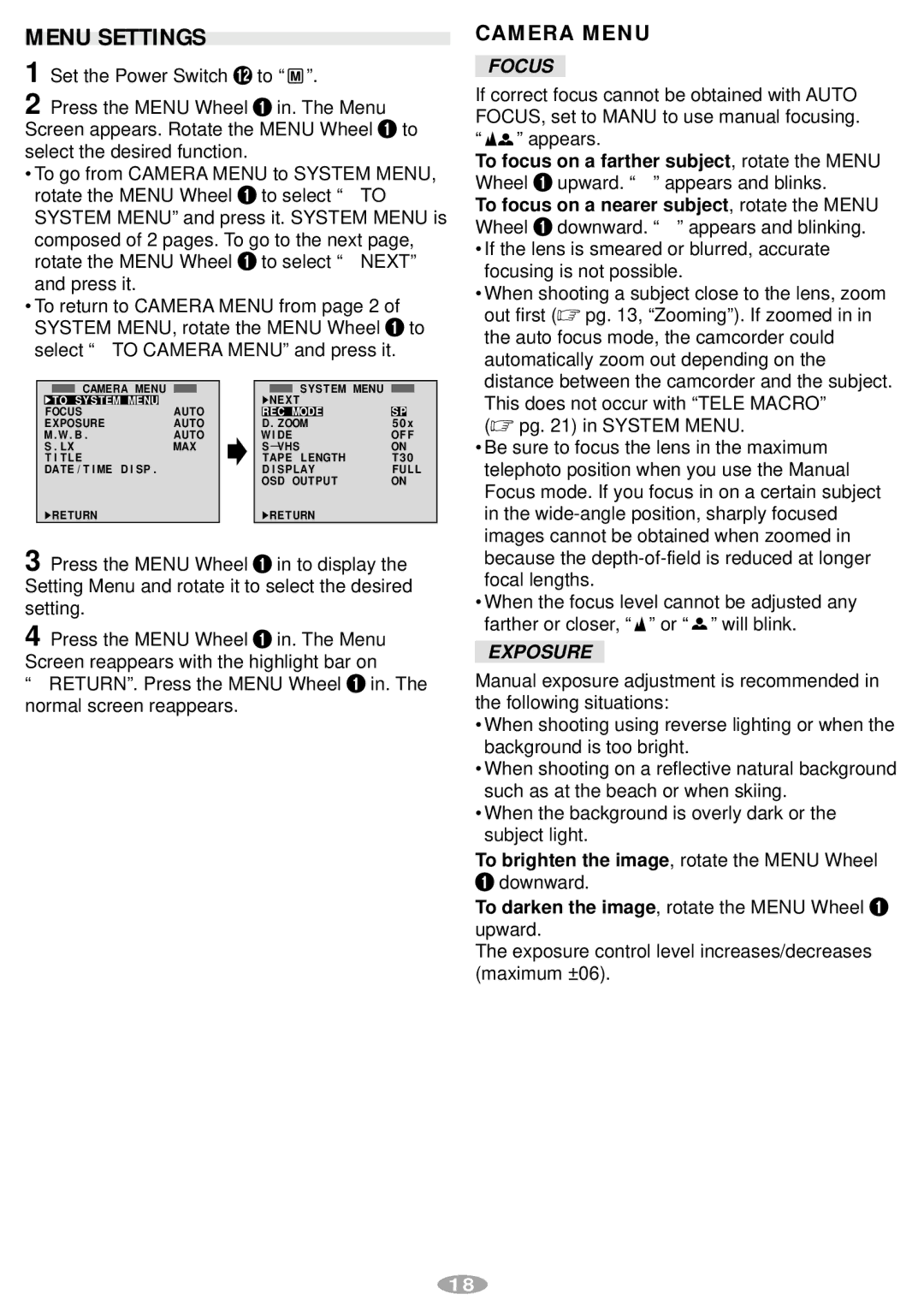 JVC GR-SX24, GR-SXM58, GR-SXM48, GR-FXM383, GR-FX14 manual Menu Settings, Focus, Exposure 