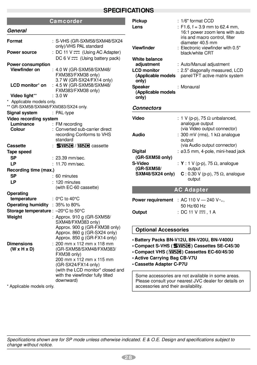 JVC GR-FXM383, GR-SX24, GR-SXM58, GR-SXM48, GR-FX14 manual Specifications, Optional Accessories 