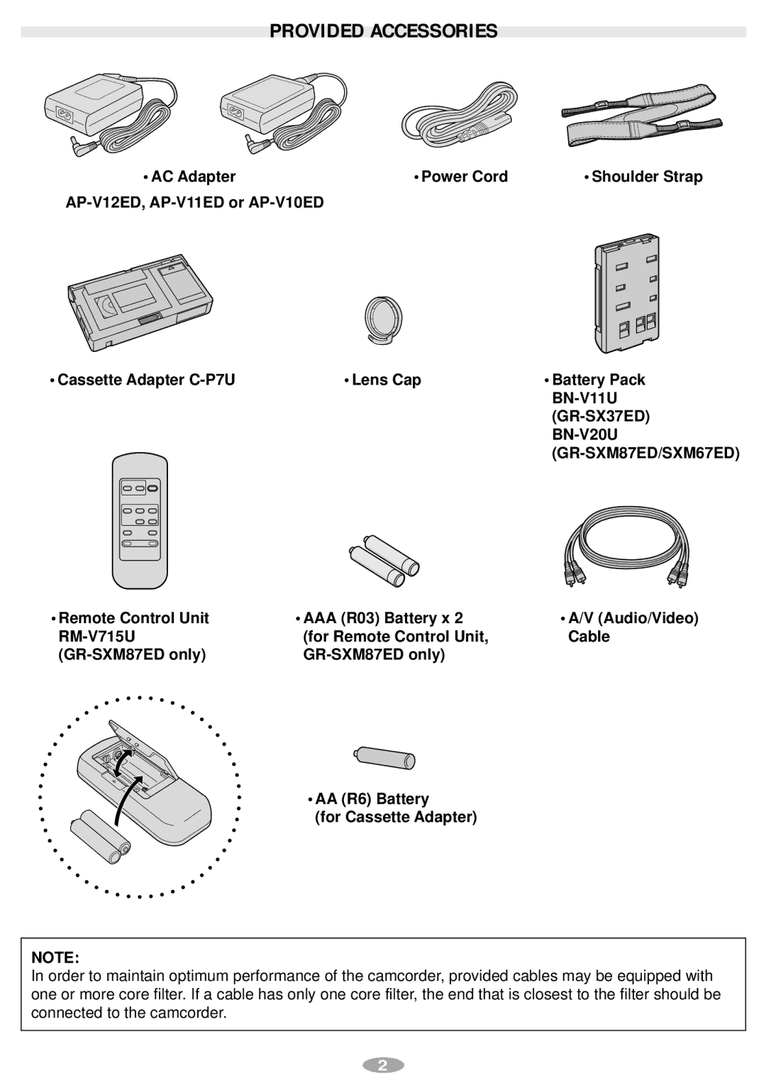 JVC GR-SXM67ED, GR-SX37ED, GR-SXM87ED manual Provided Accessories, AC Adapter Power Cord 