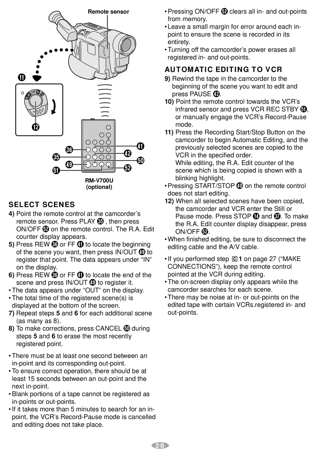 JVC GR-SXM87ED, GR-SX37ED, GR-SXM67ED manual Select Scenes, Automatic Editing to VCR 