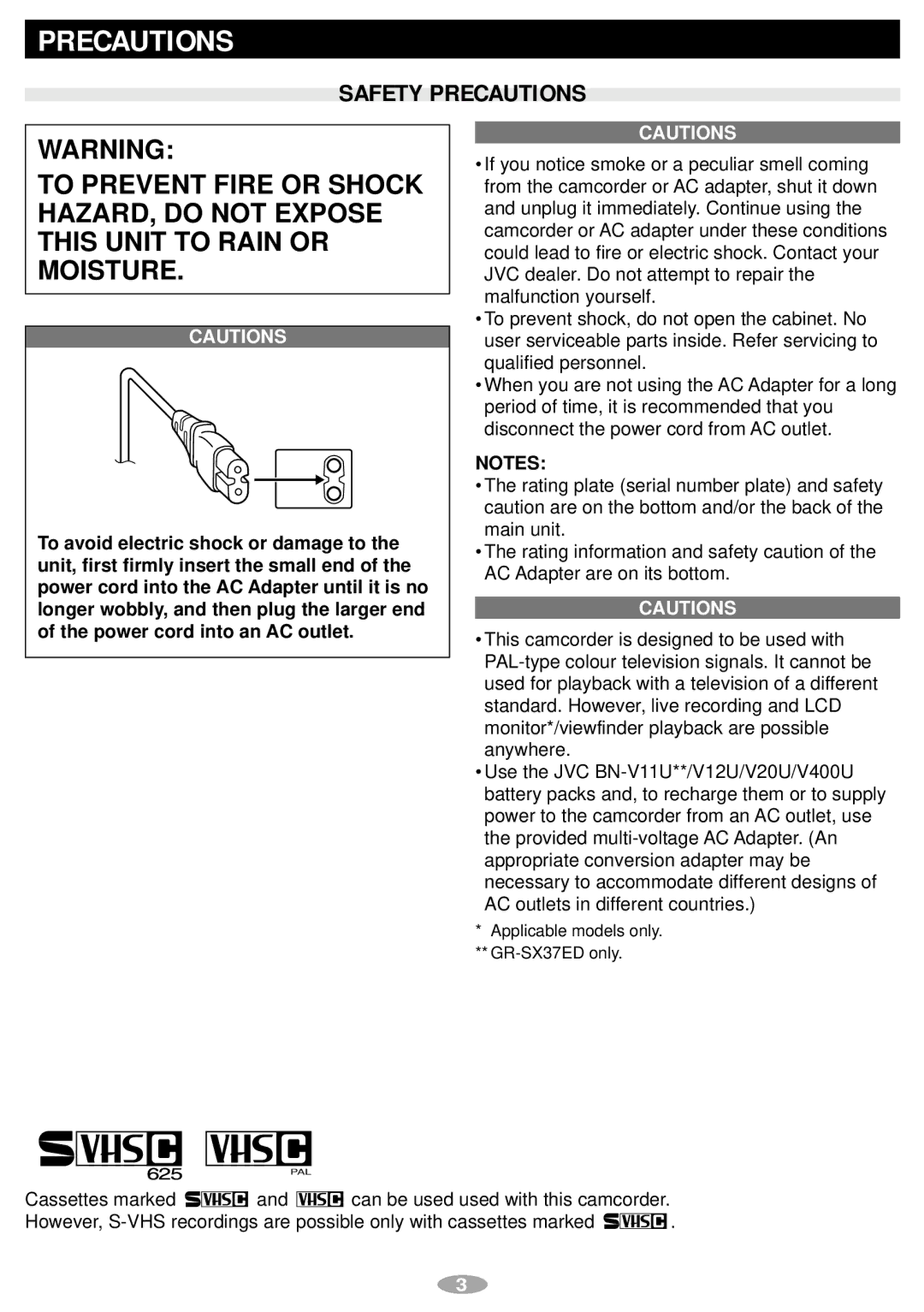 JVC GR-SX37ED, GR-SXM87ED, GR-SXM67ED manual Precautions 