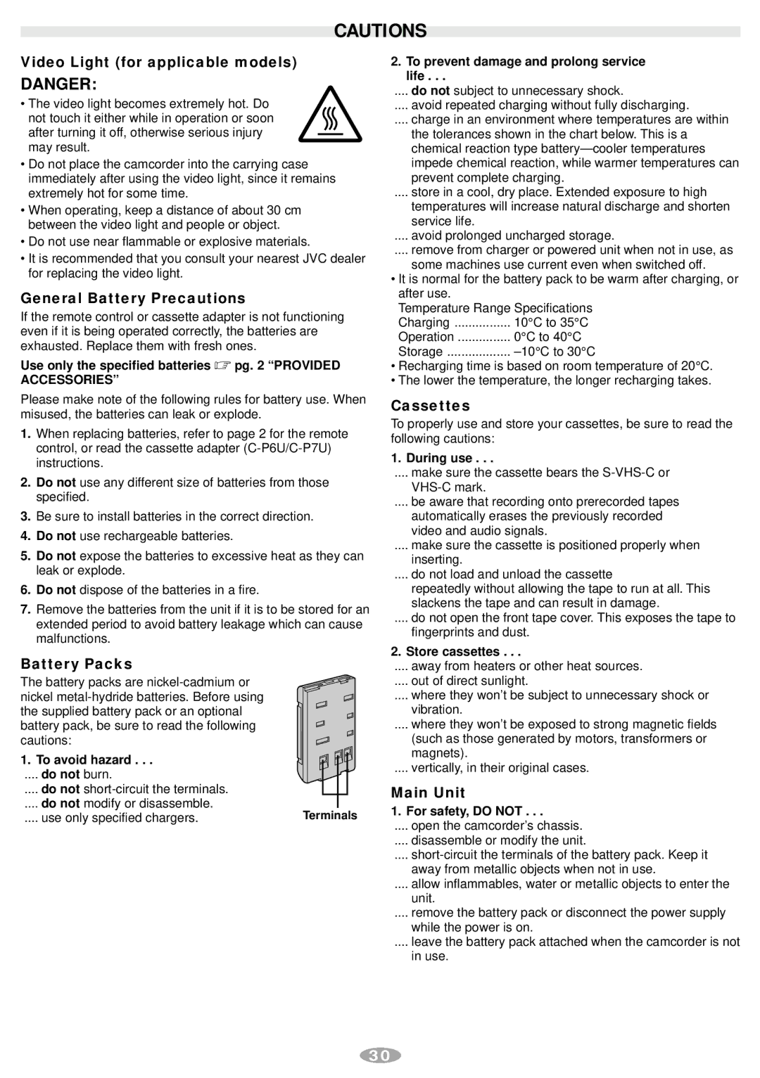 JVC GR-SX37ED manual Video Light for applicable models, General Battery Precautions, Battery Packs, Cassettes, Main Unit 