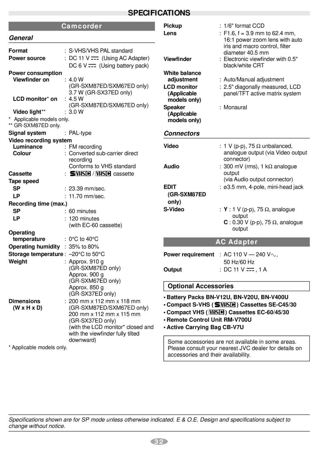 JVC GR-SXM67ED, GR-SX37ED, GR-SXM87ED manual Specifications, Optional Accessories 