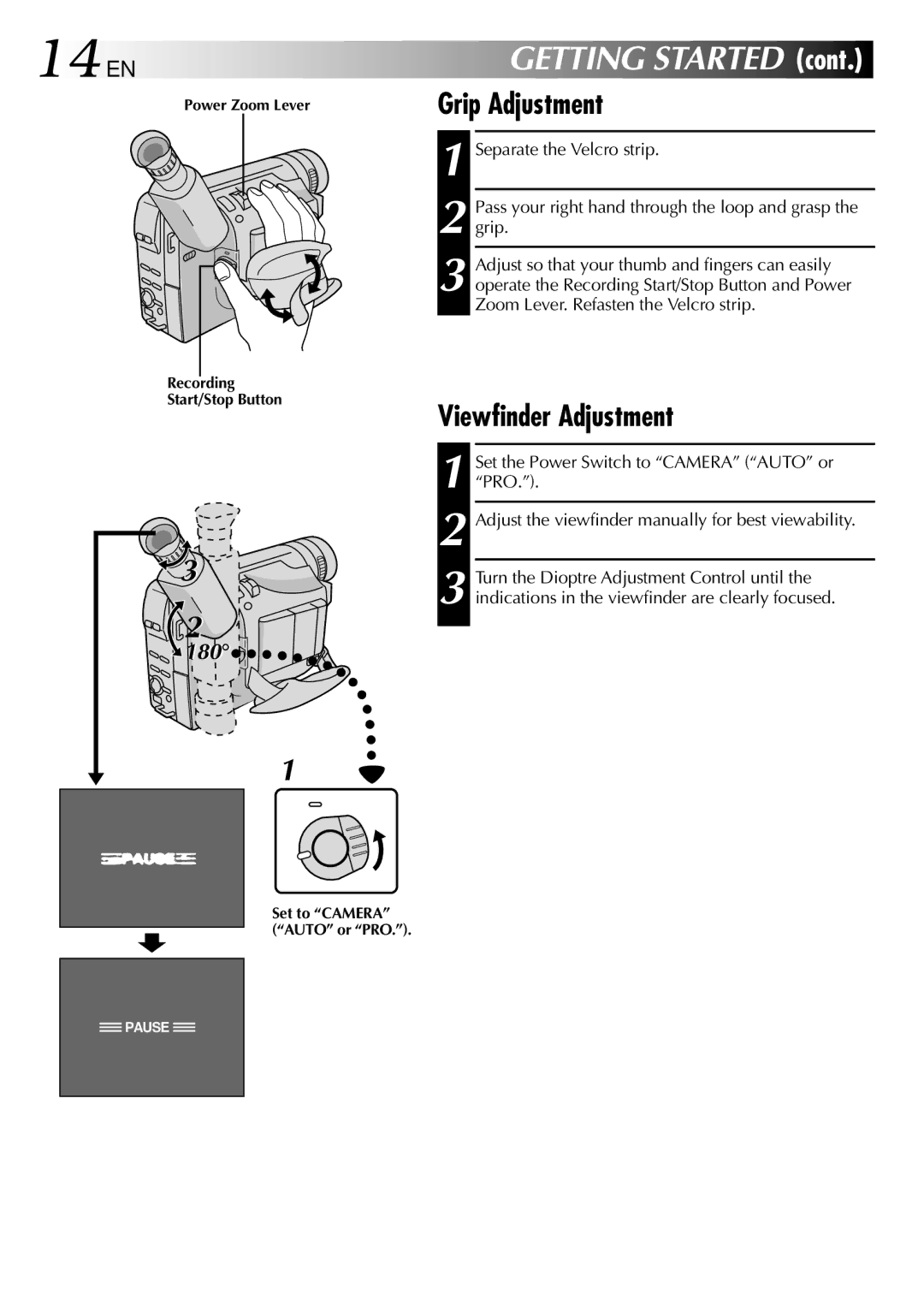 JVC GR-SXM75ED, GR-SX52ED, GR-SX51A, GR-SXM81A, GR-SXM82ED, GR-SXM92ED, GR-SXM61A 14 EN, Grip Adjustment, Viewfinder Adjustment 