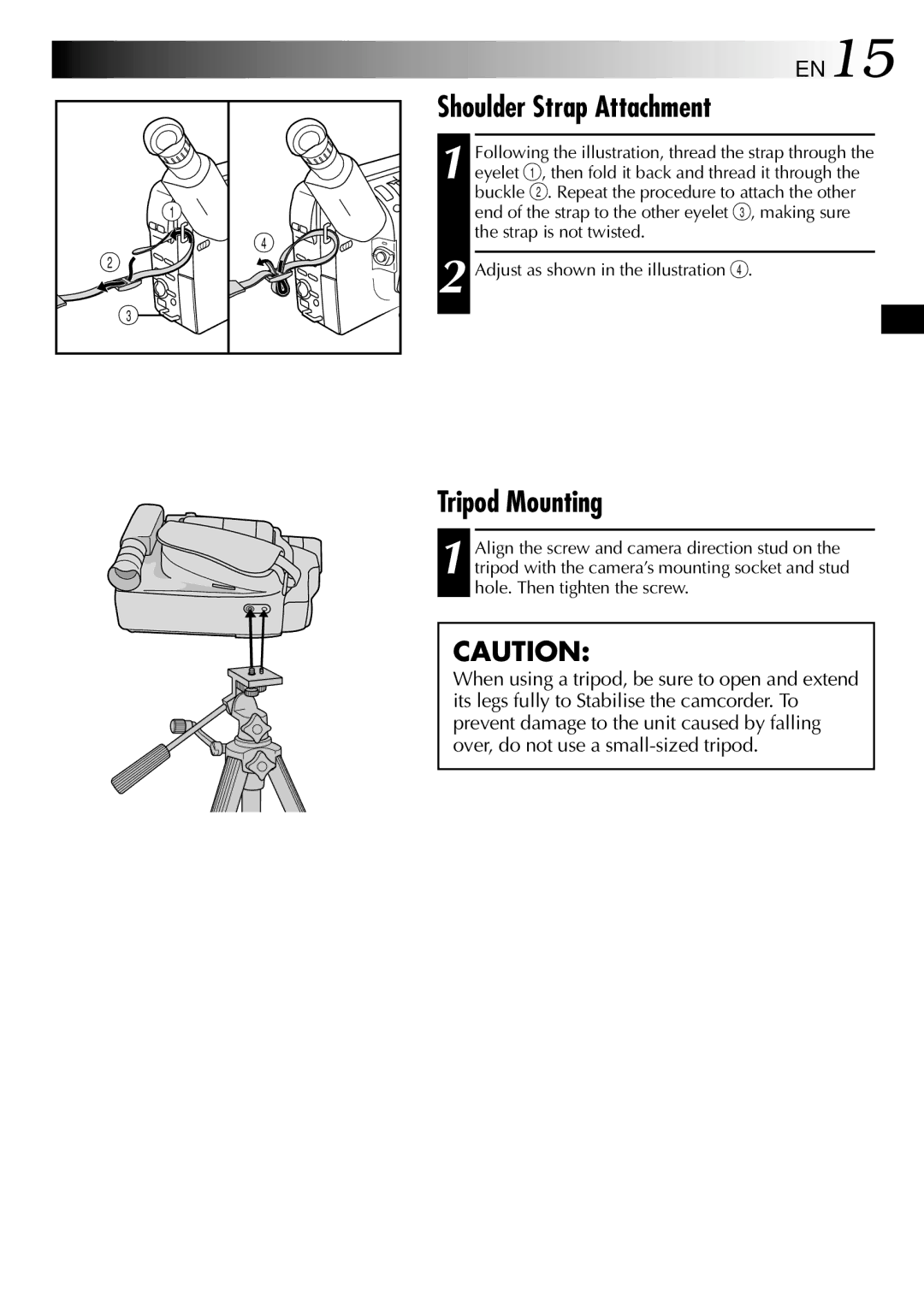 JVC GR-SXM82ED, GR-SX52ED, GR-SX51A, GR-SXM81A, GR-SXM75ED, GR-SXM92ED, GR-SXM61A Shoulder Strap Attachment, Tripod Mounting 