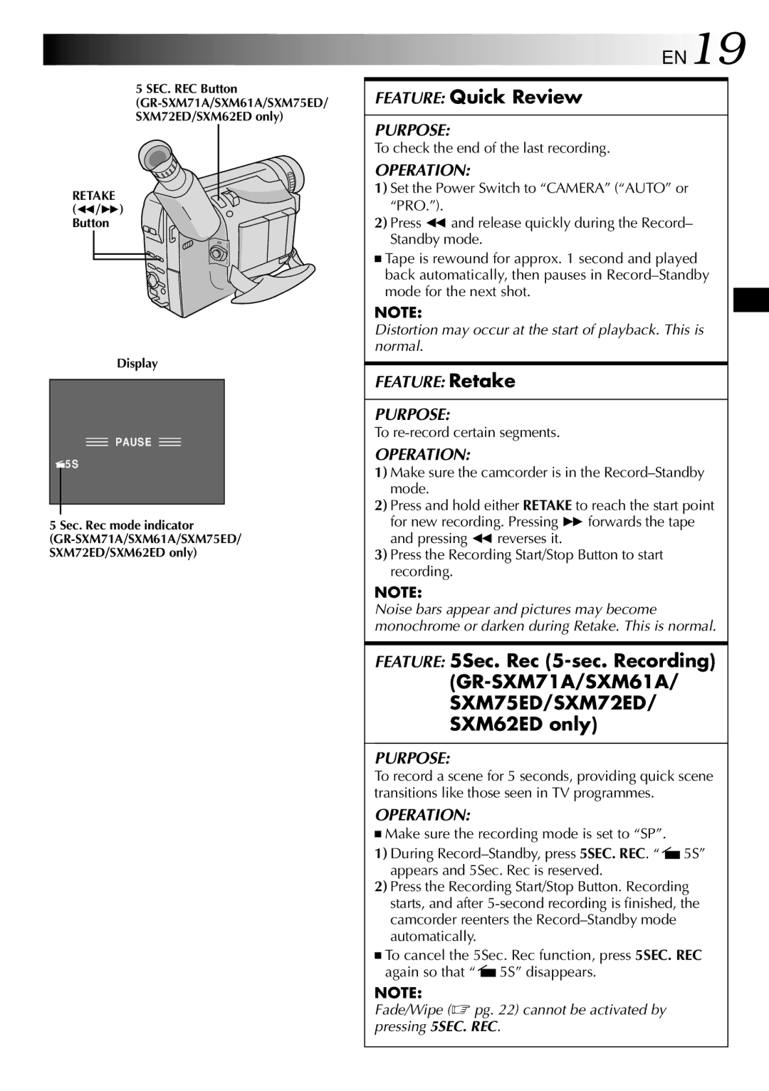 JVC GR-SXM62ED, GR-SX52ED Feature Quick Review, To check the end of the last recording, To re-record certain segments 