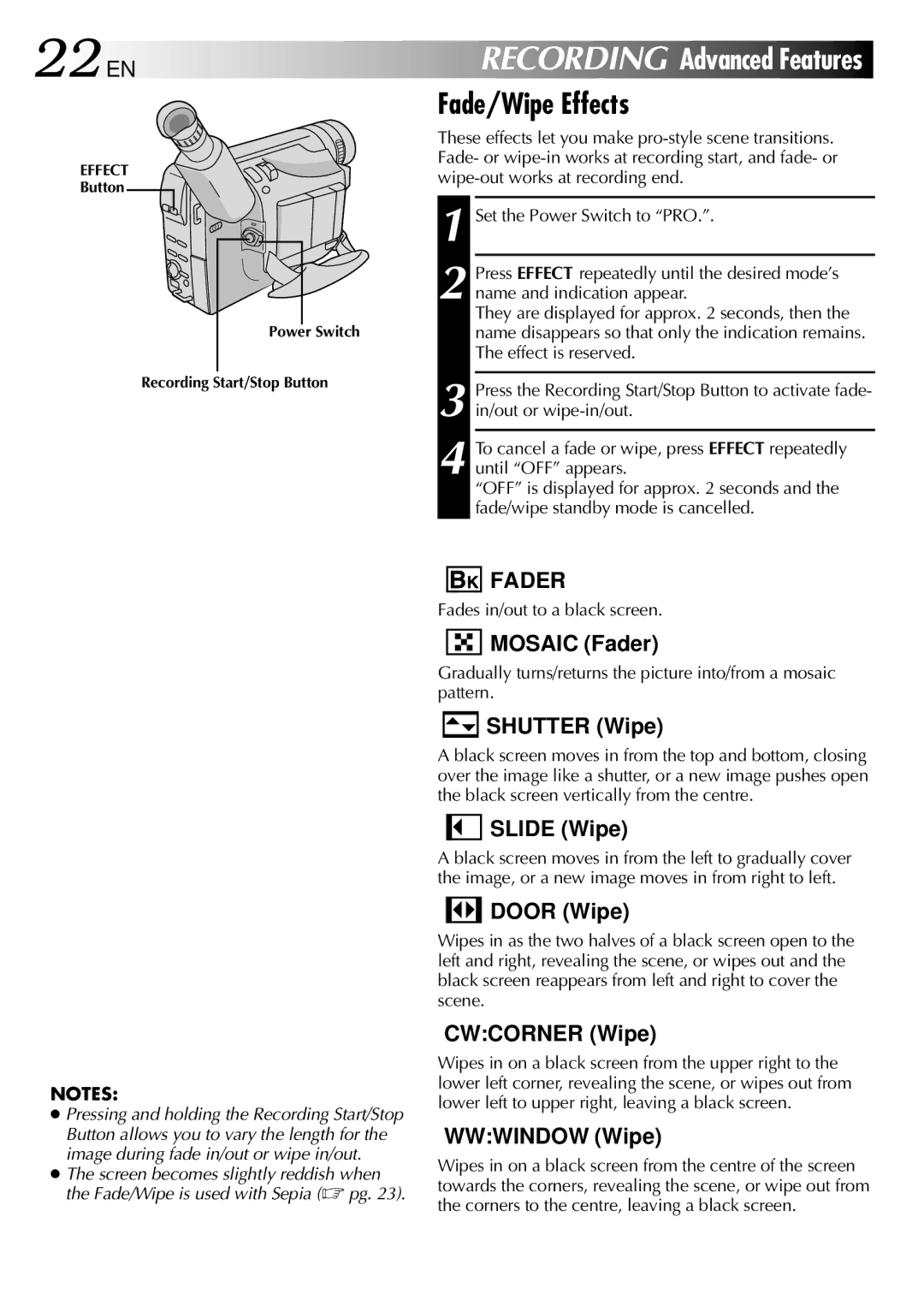 JVC GR-SX52ED, GR-SX51A, GR-SXM81A, GR-SXM75ED, GR-SXM82ED, GR-SXM61A 22 EN, Fade/Wipe Effects, Fades in/out to a black screen 