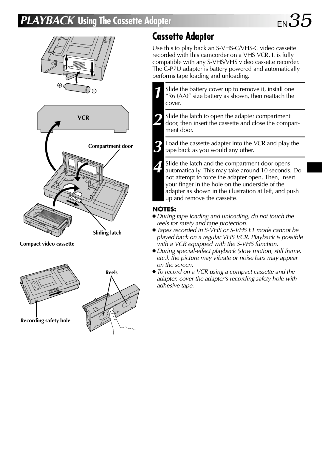 JVC GR-SXM81A, GR-SX52ED, GR-SX51A Cassette Adapter, Slide the battery cover up to remove it, install one, Cover, Ment door 