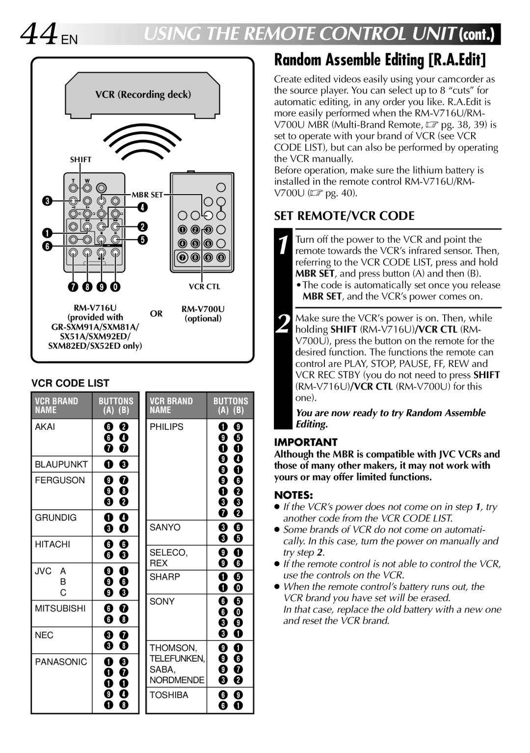 JVC GR-SX52ED, GR-SX51A, GR-SXM81A 44 EN, Random Assemble Editing R.A.Edit, SET REMOTE/VCR Code, VCR Recording deck 
