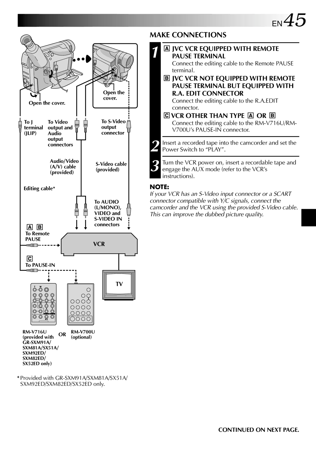 JVC GR-SX51A, GR-SX52ED, GR-SXM81A, GR-SXM75ED Make Connections, Connect the editing cable to the Remote Pause terminal 