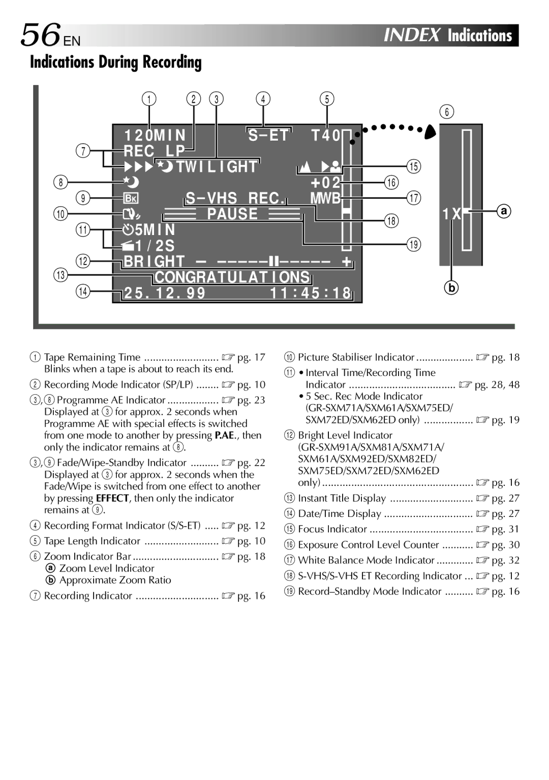 JVC GR-SX51A, GR-SX52ED, GR-SXM81A, GR-SXM75ED, GR-SXM82ED, GR-SXM92ED, GR-SXM61A, GR-SXM71A 56 EN, Indications During Recording 