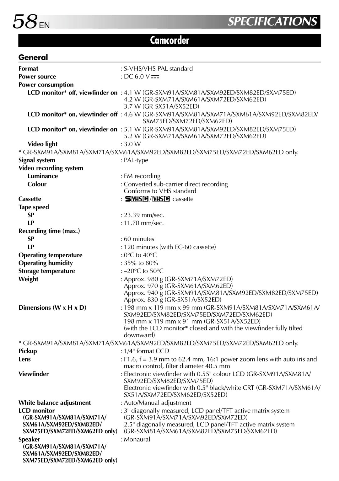 JVC GR-SXM75ED, GR-SX52ED, GR-SX51A, GR-SXM81A, GR-SXM82ED, GR-SXM92ED, GR-SXM61A, GR-SXM71A, GR-SXM62ED, GR-SXM72ED 58 EN 