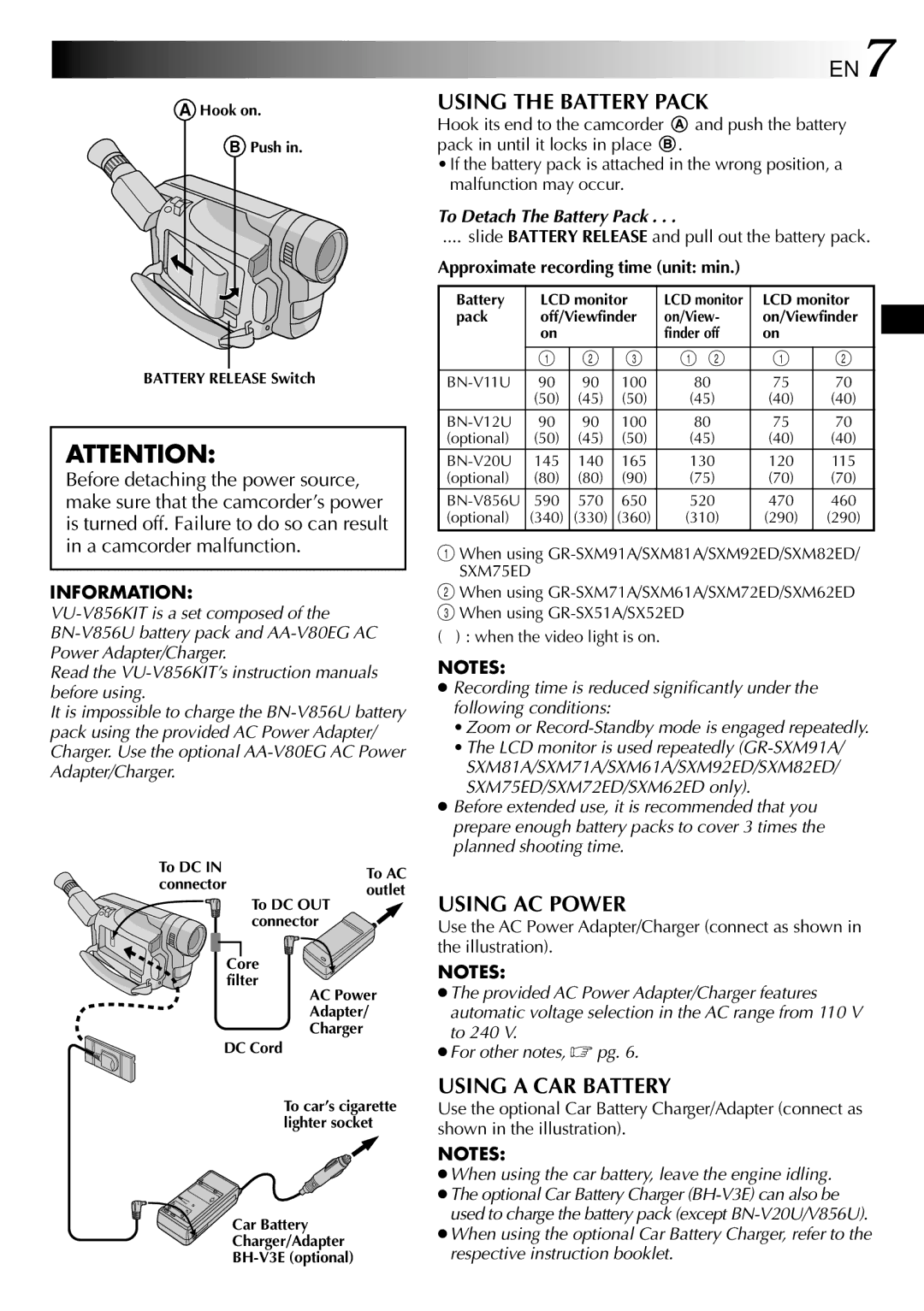 JVC GR-SXM71A, GR-SX52ED, GR-SX51A Using the Battery Pack, Using AC Power, Using a CAR Battery, To Detach The Battery Pack 