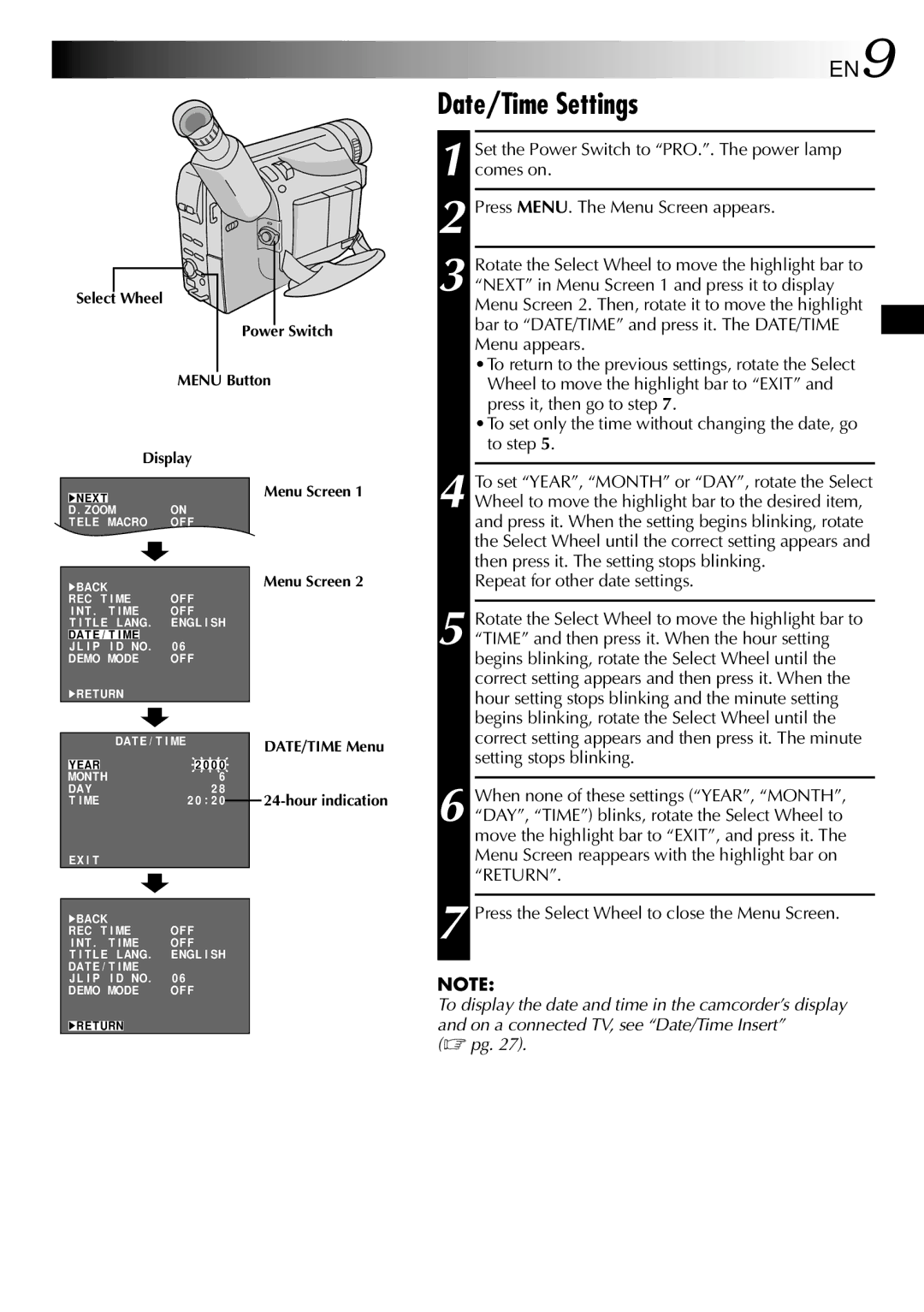 JVC GR-SXM72ED, GR-SX52ED, GR-SX51A, GR-SXM81A, GR-SXM75ED, GR-SXM82ED, GR-SXM92ED, GR-SXM61A Date/Time Settings, DATE/TIME Menu 