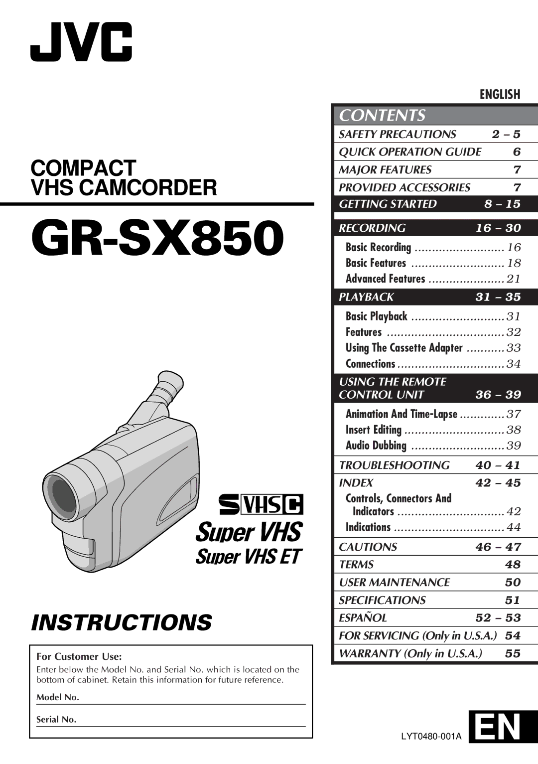 JVC GR-SX850 specifications 