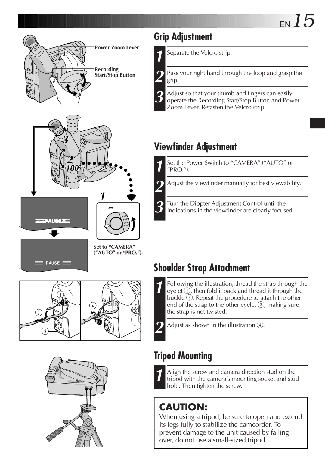 JVC GR-SX850 specifications Grip Adjustment, Viewfinder Adjustment, Shoulder Strap Attachment, Tripod Mounting 