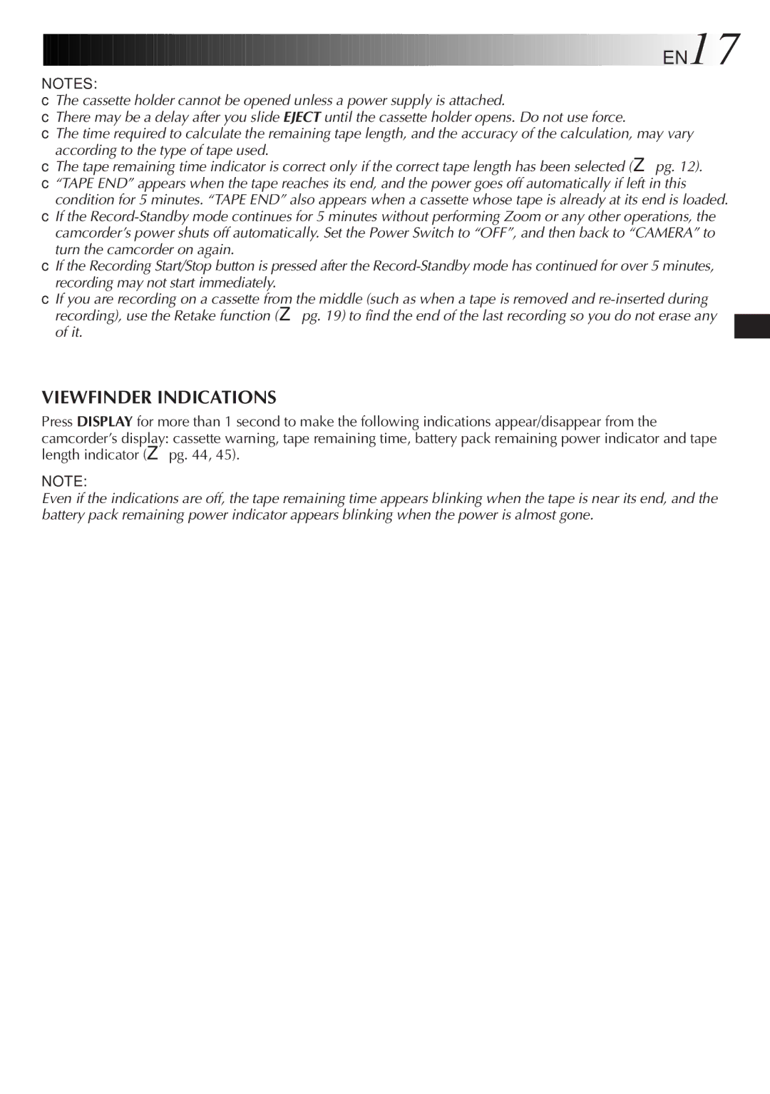 JVC GR-SX850 specifications EN17, Viewfinder Indications 