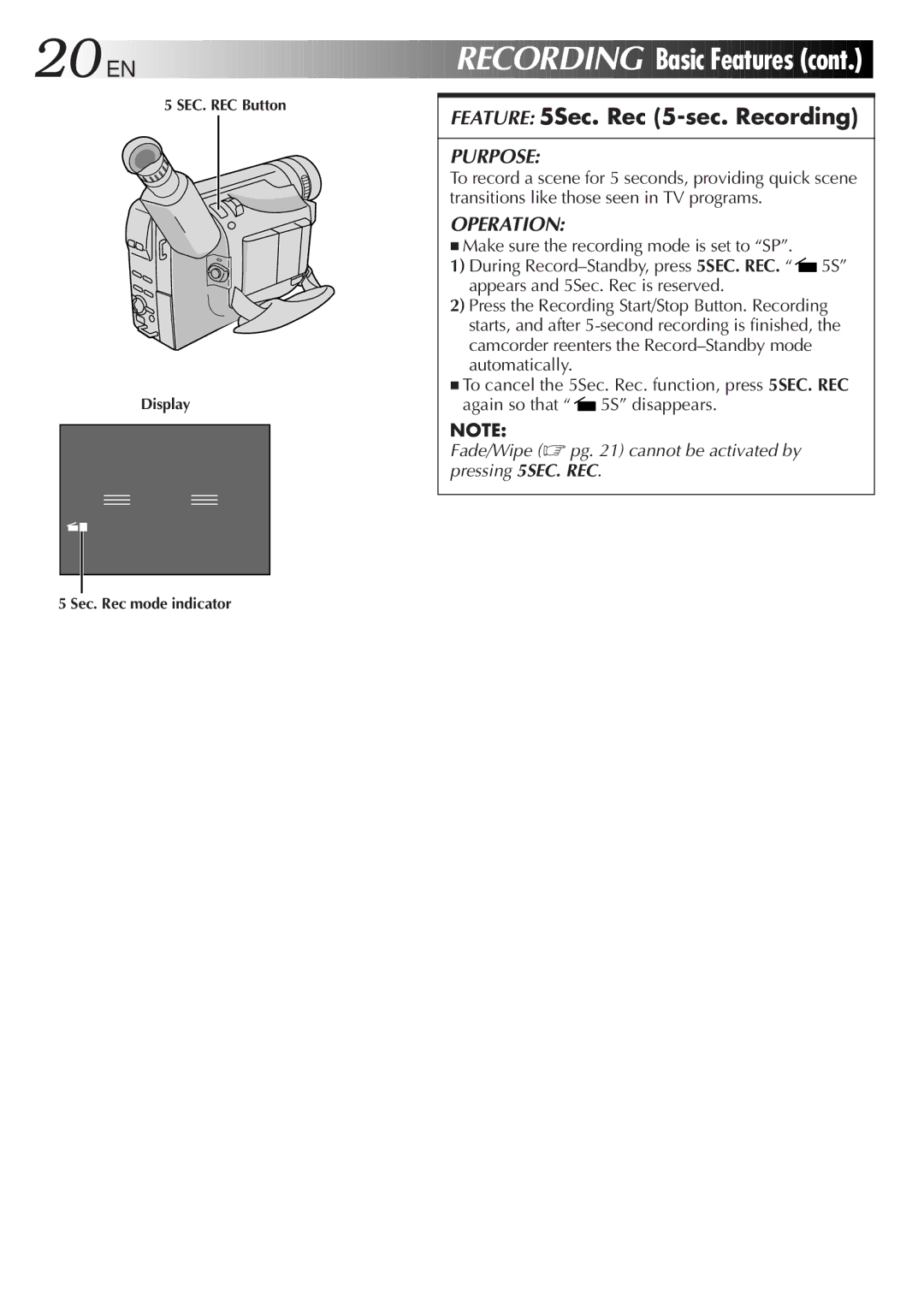 JVC GR-SX850 specifications 20 EN, Basic Features, Feature 5Sec. Rec 5-sec. Recording 