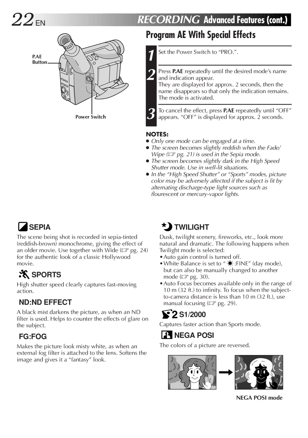 JVC GR-SX850 specifications 22 EN, Recording Advanced Features, Program AE With Special Effects, Nega Posi mode 