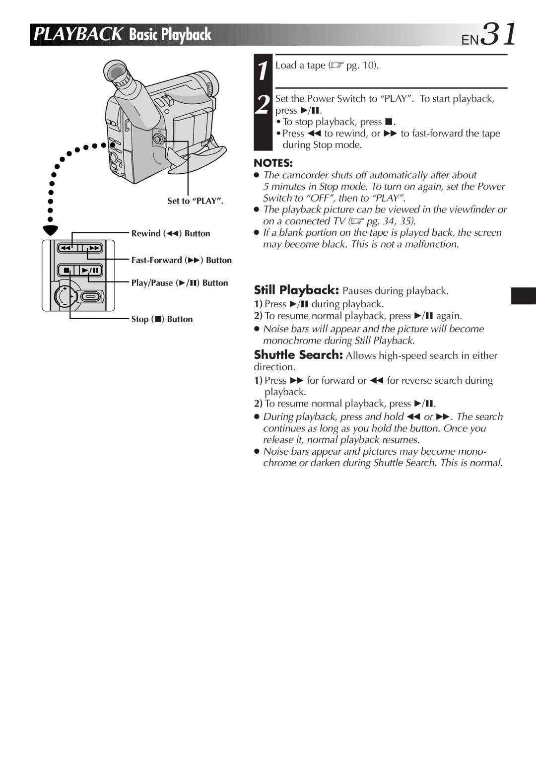 JVC GR-SX850 specifications Playback Basic Playback, EN31 