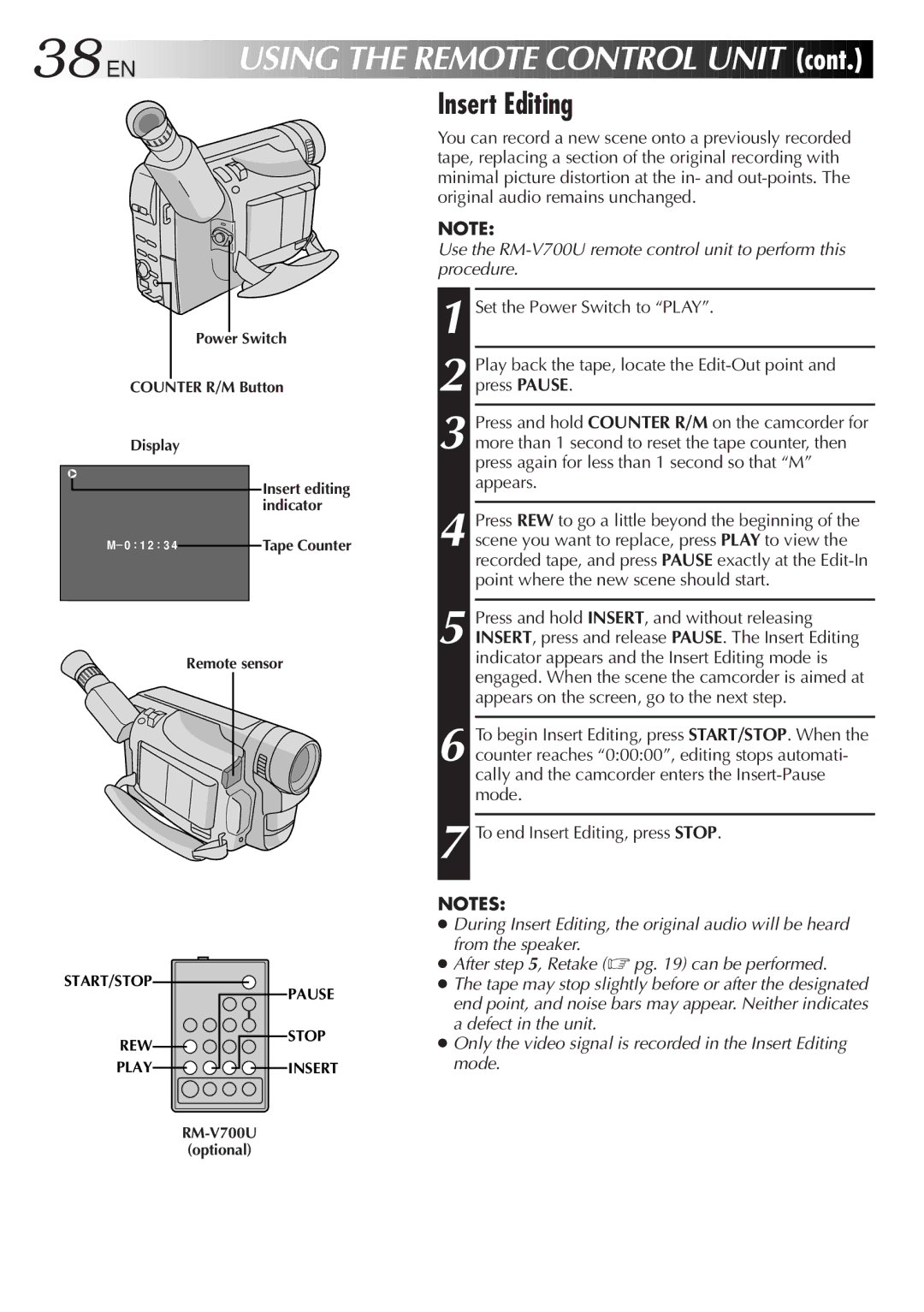 JVC GR-SX850 specifications 38 EN, Insert Editing 