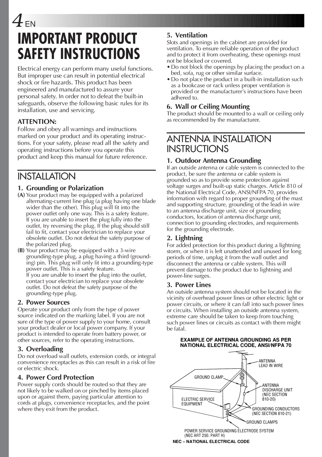 JVC GR-SX850 specifications Important Product Safety Instructions 