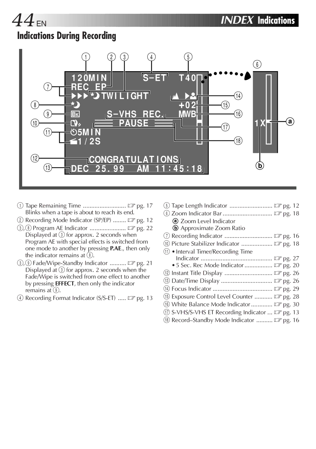 JVC GR-SX850 specifications 44 EN, Index, Indications During Recording 