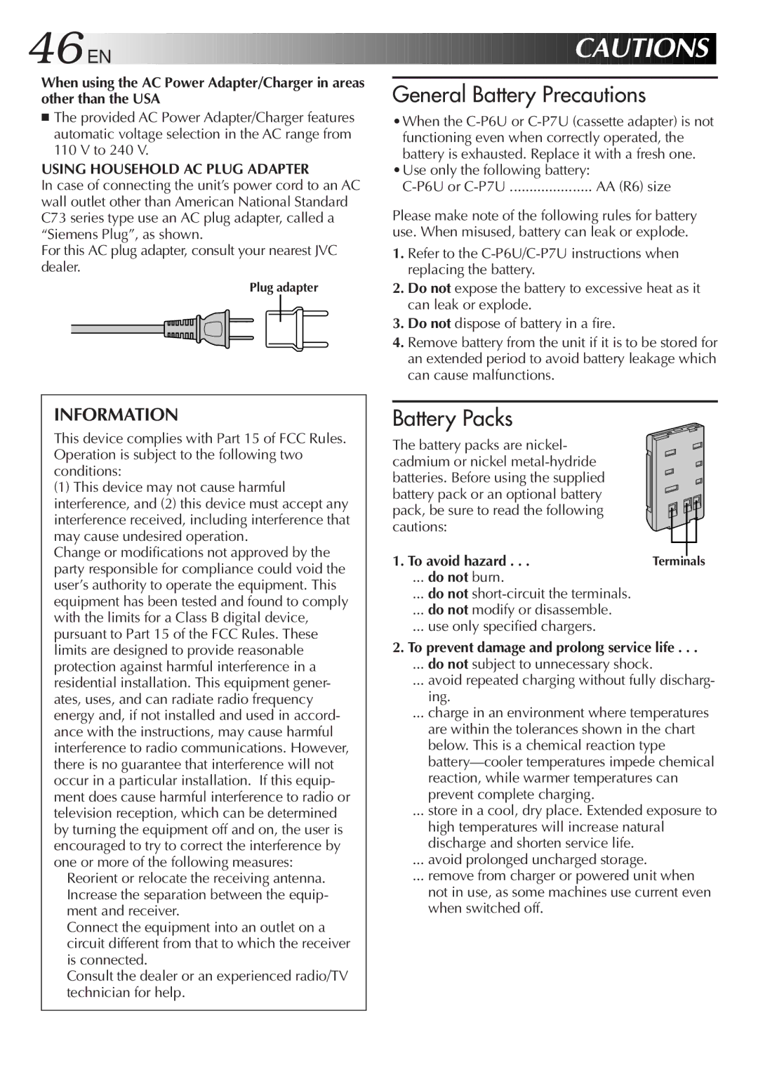 JVC GR-SX850 Information, Using Household AC Plug Adapter, Use only the following battery P6U or C-P7U, To avoid hazard 