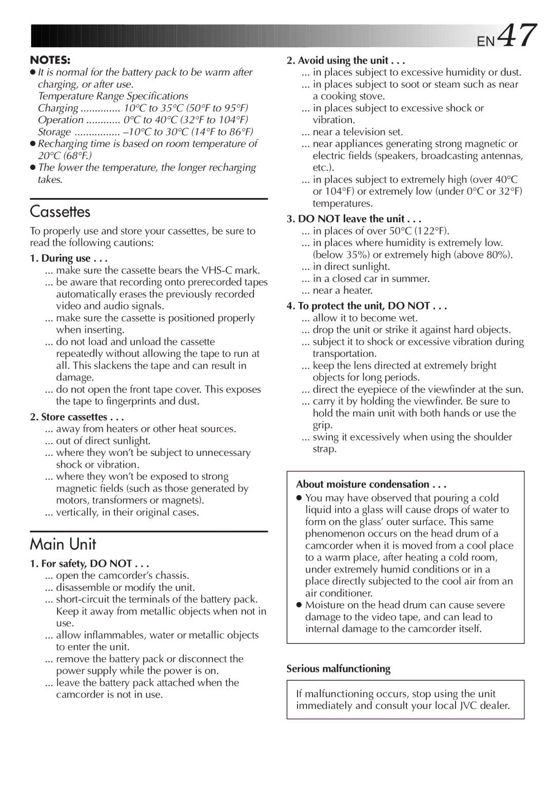 JVC GR-SX850 specifications During use, Store cassettes, For safety, do not, Avoid using the unit, Do not leave the unit 