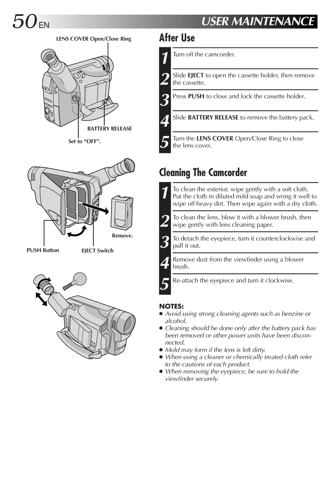 JVC GR-SX850 specifications 50 EN, Cleaning The Camcorder, After Use 