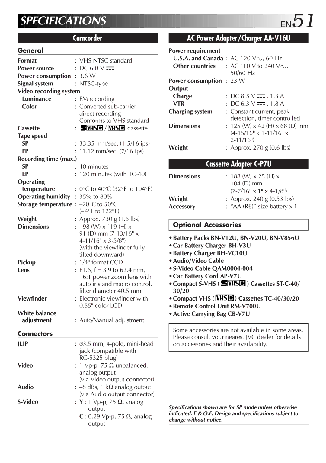 JVC GR-SX850 specifications Specifications, Jlip, Vtr 