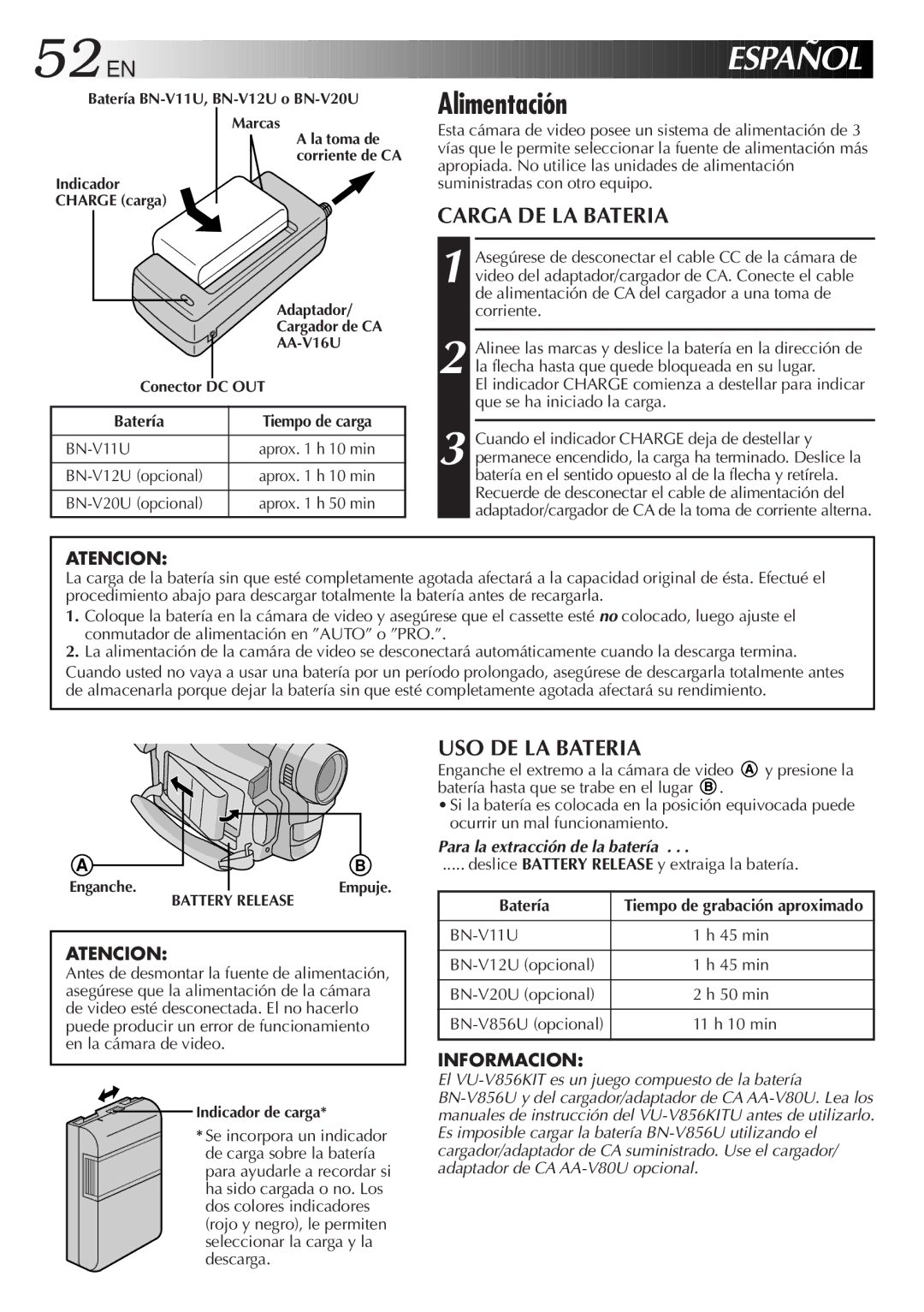 JVC GR-SX850 specifications 52 EN, Alimentación, Carga DE LA Bateria, USO DE LA Bateria 