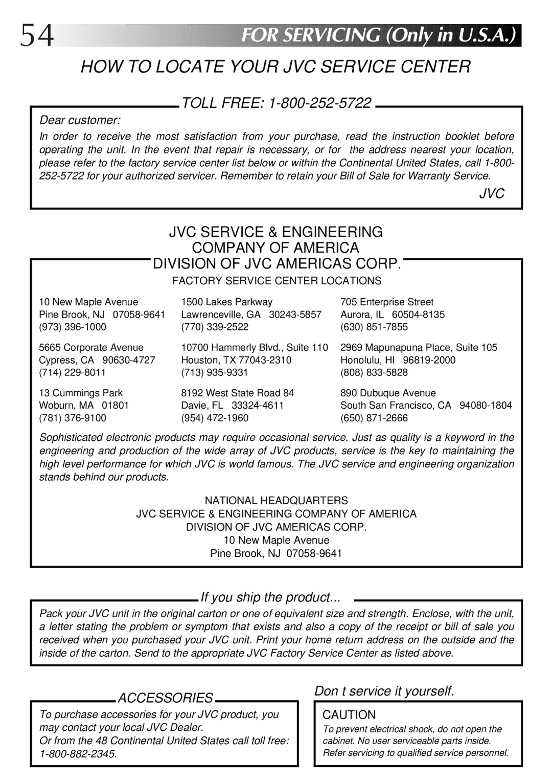 JVC GR-SX850 specifications 54 EN, For Servicing Only in U.S.A 