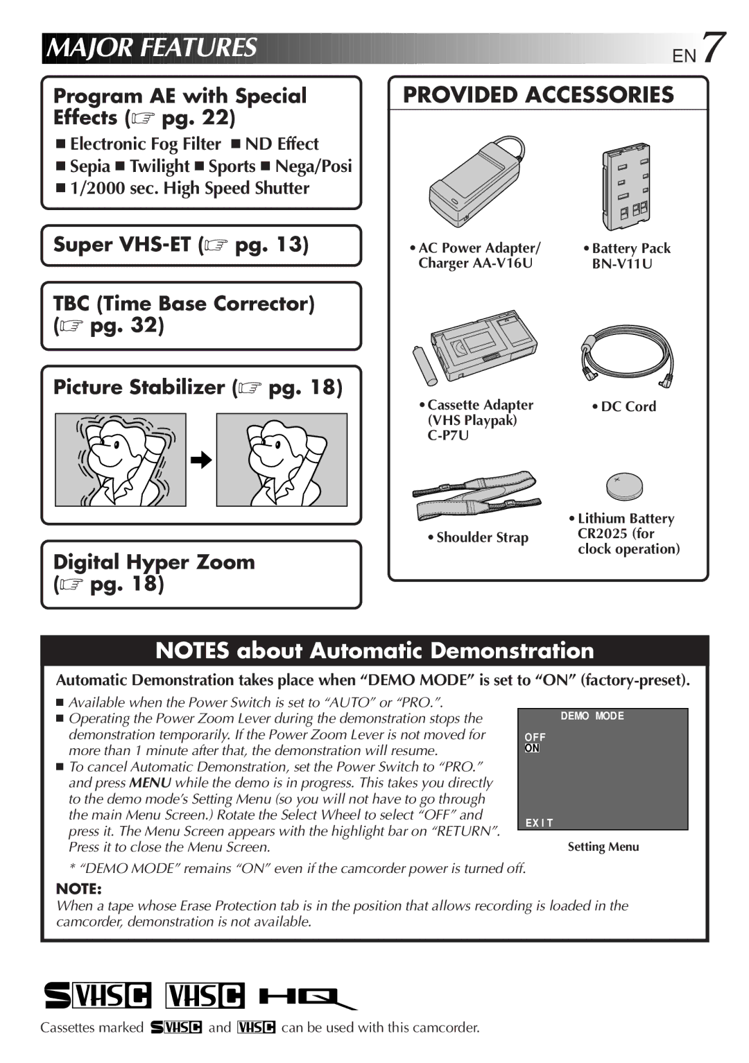 JVC GR-SX850 specifications Major Features, BN-V11U, Cassettes marked and can be used with this camcorder 