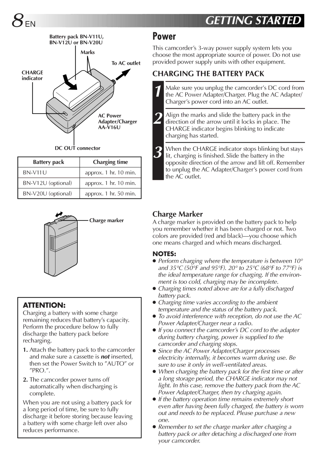 JVC GR-SX850 specifications Power, Charging the Battery Pack, Charge Marker 