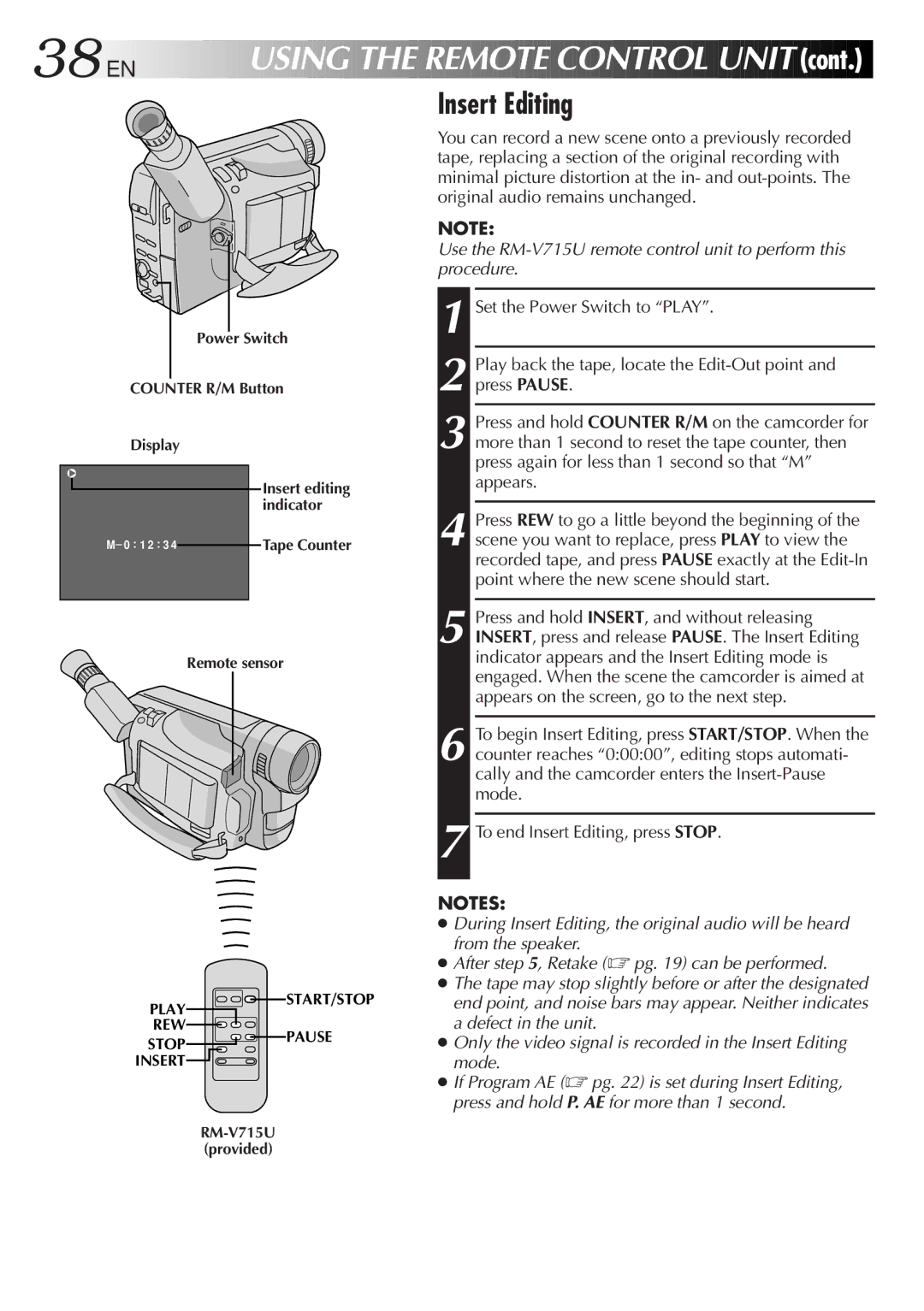 JVC GR-SX867UM specifications 38 EN, Insert Editing 