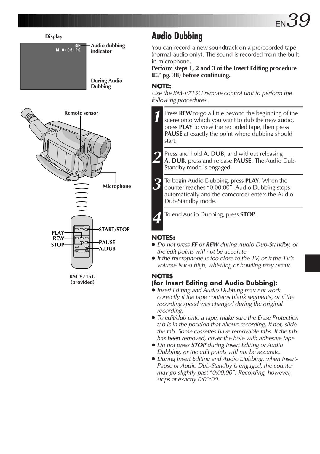 JVC GR-SX867UM specifications For Insert Editing and Audio Dubbing 