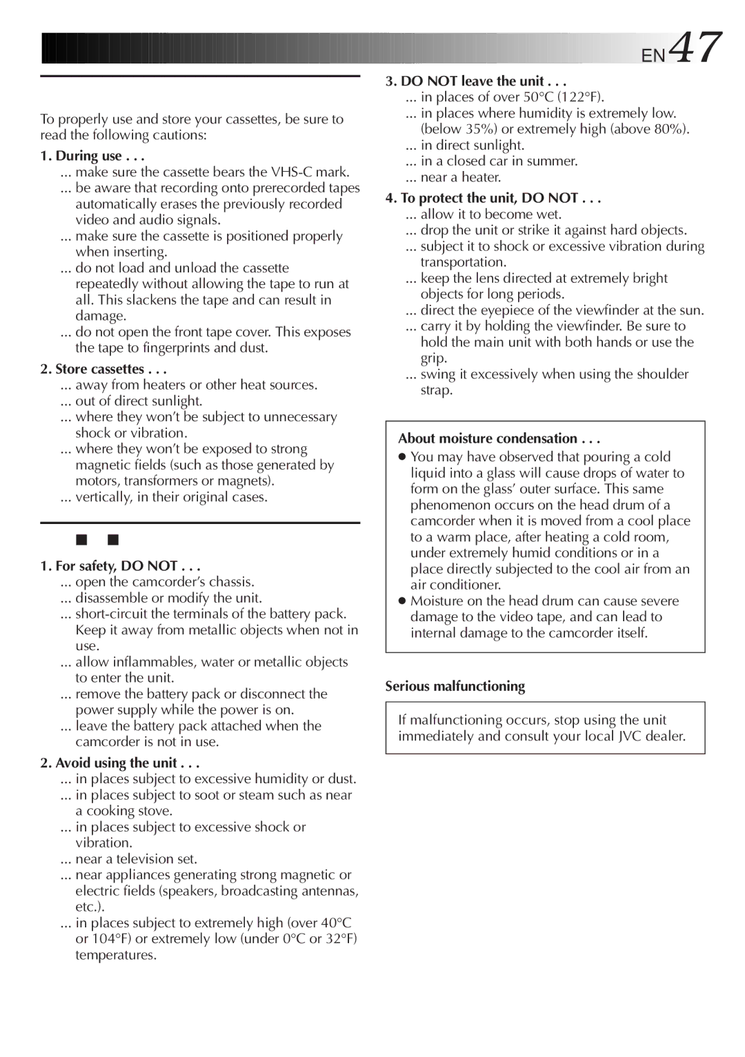 JVC GR-SX867UM specifications During use, Store cassettes, For safety, do not, Avoid using the unit, Do not leave the unit 