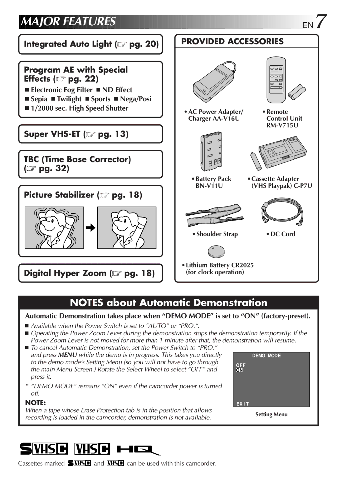 JVC GR-SX867UM Integrated Auto Light pg Program AE with Special Effects pg, Super VHS-ET pg TBC Time Base Corrector pg 