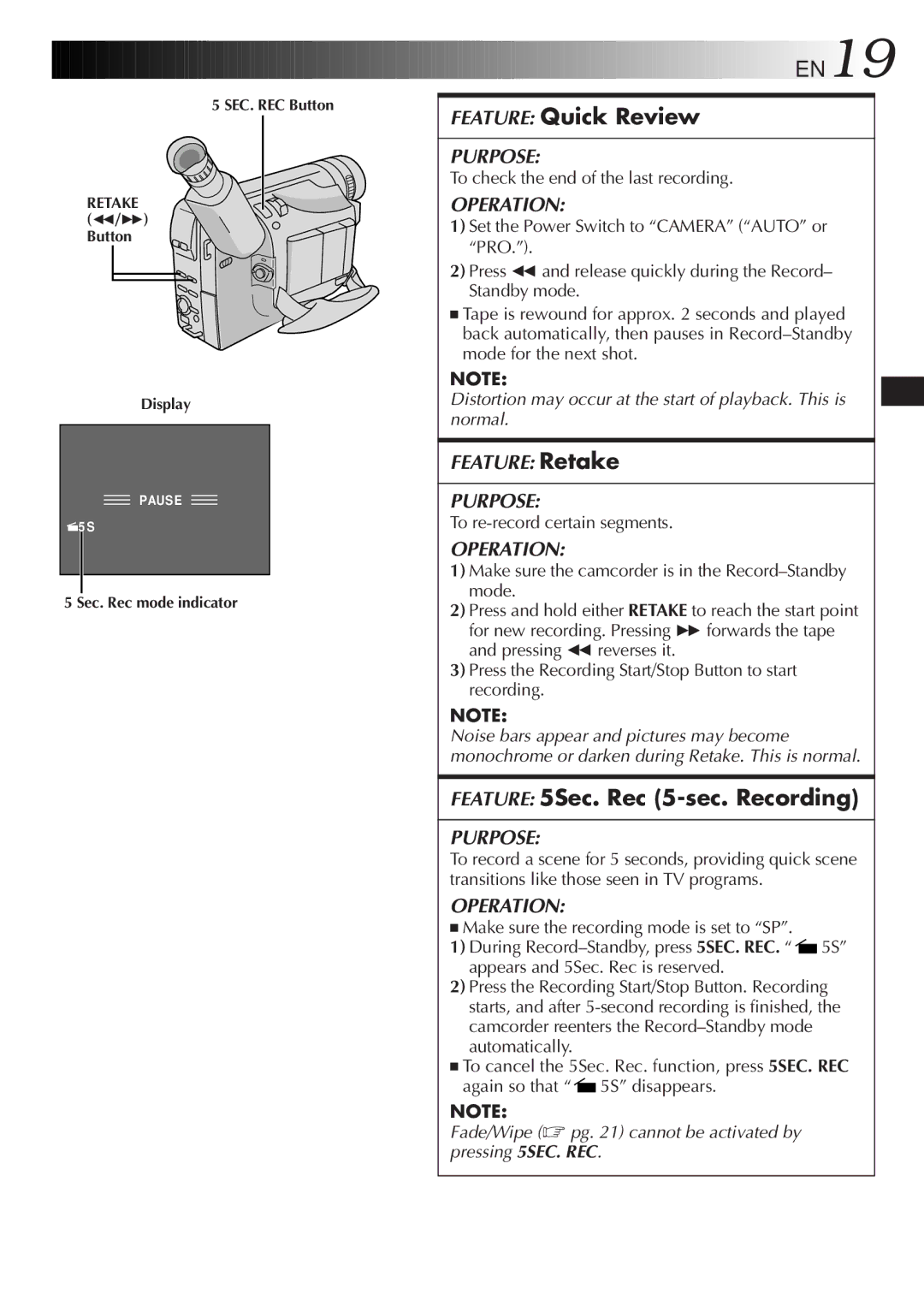 JVC GR-SX950 Feature Quick Review, Feature 5Sec. Rec 5-sec. Recording, To check the end of the last recording 