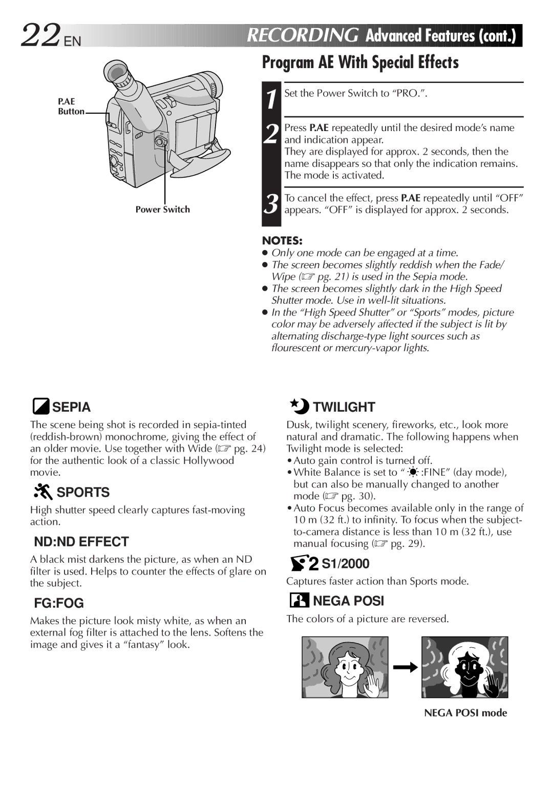 JVC GR-SX950 specifications 22 EN, Recording Advanced Features, Program AE With Special Effects, Nega Posi mode 